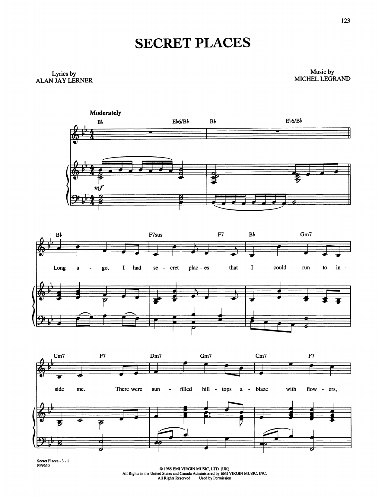 Alan Jay Lerner and Michel Legrand Secret Places Sheet Music Notes & Chords for Piano, Vocal & Guitar Chords (Right-Hand Melody) - Download or Print PDF