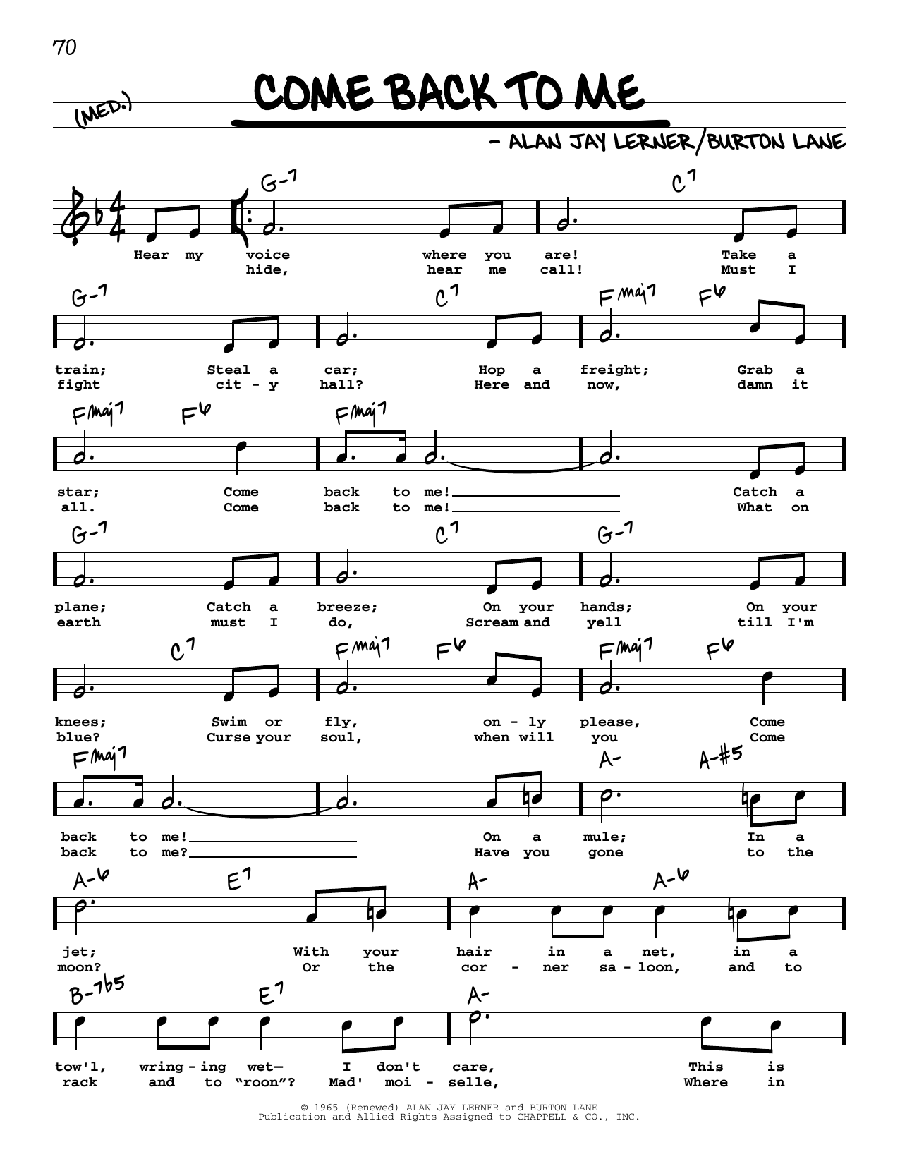Alan Jay Lerner Come Back To Me (High Voice) Sheet Music Notes & Chords for Real Book – Melody, Lyrics & Chords - Download or Print PDF