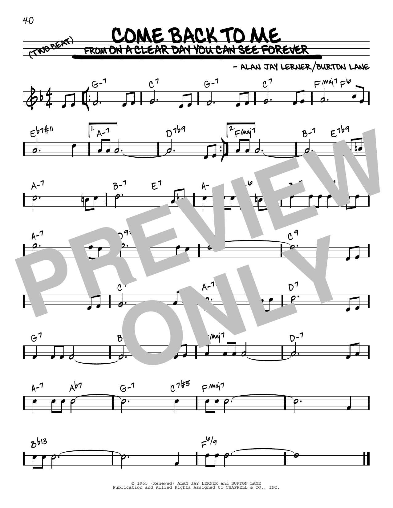 Alan Jay Lerner Come Back To Me Sheet Music Notes & Chords for Real Book – Melody & Chords - Download or Print PDF