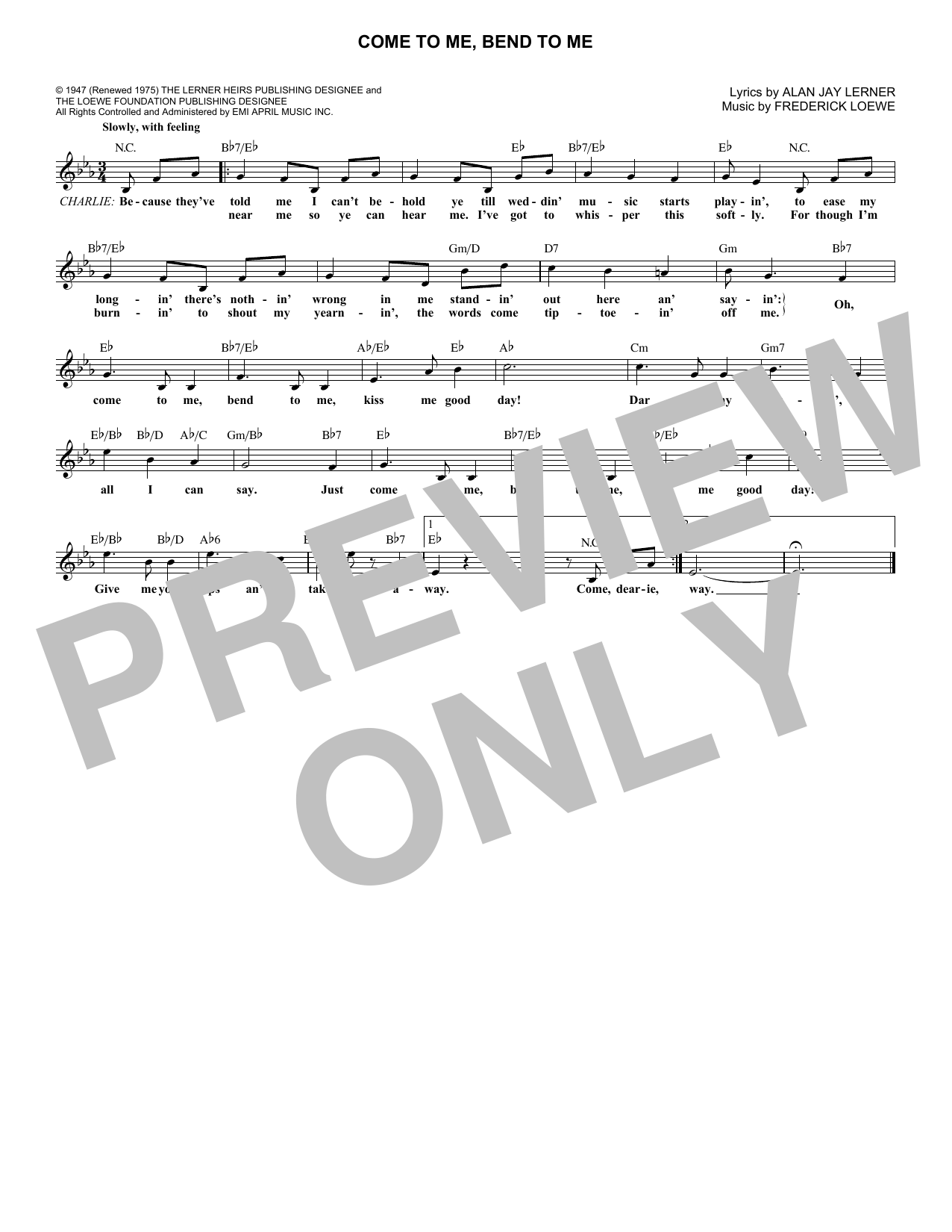 Alan Jay Lerner Come To Me, Bend To Me Sheet Music Notes & Chords for Melody Line, Lyrics & Chords - Download or Print PDF