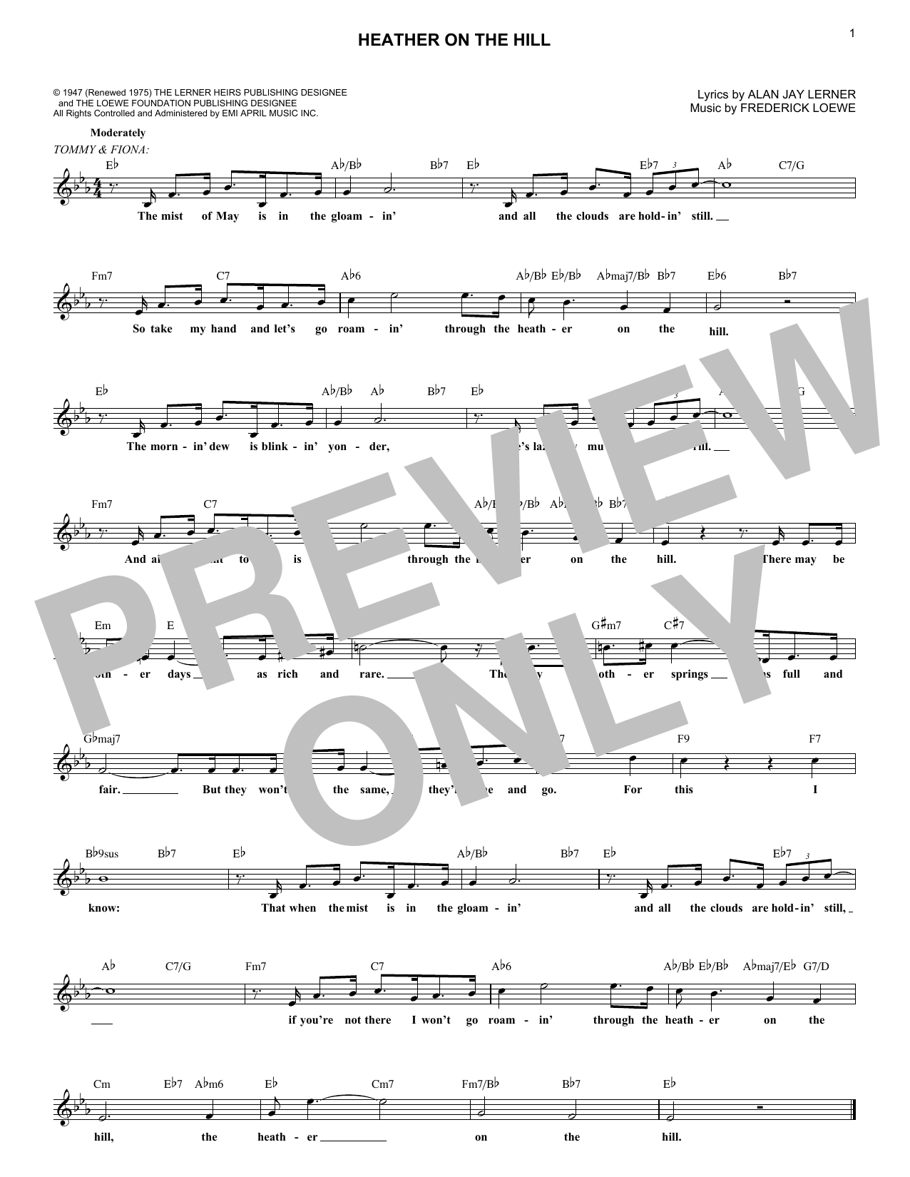 Alan Jay Lerner Heather On The Hill Sheet Music Notes & Chords for Melody Line, Lyrics & Chords - Download or Print PDF