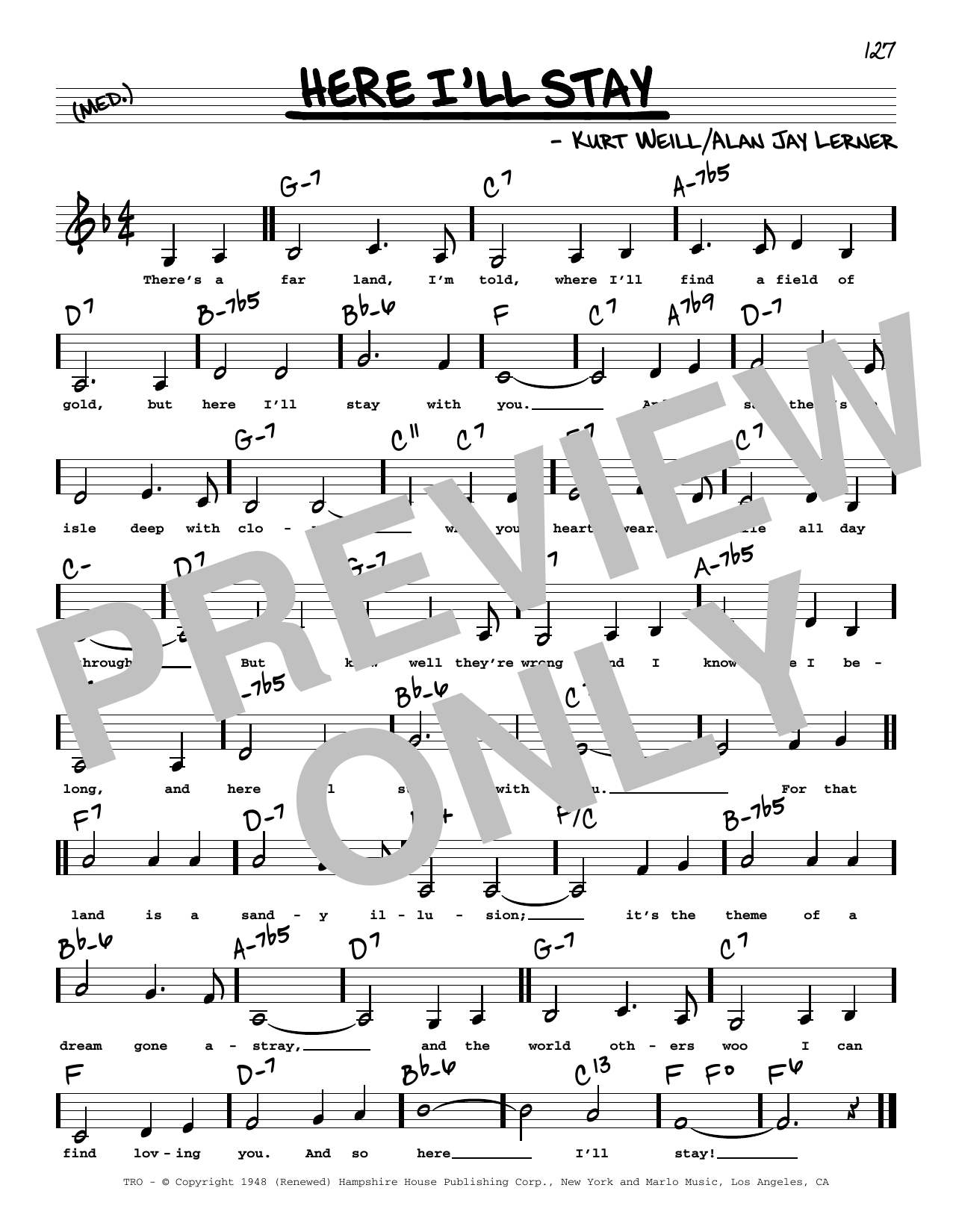 Alan Jay Lerner Here I'll Stay (Low Voice) Sheet Music Notes & Chords for Real Book – Melody, Lyrics & Chords - Download or Print PDF