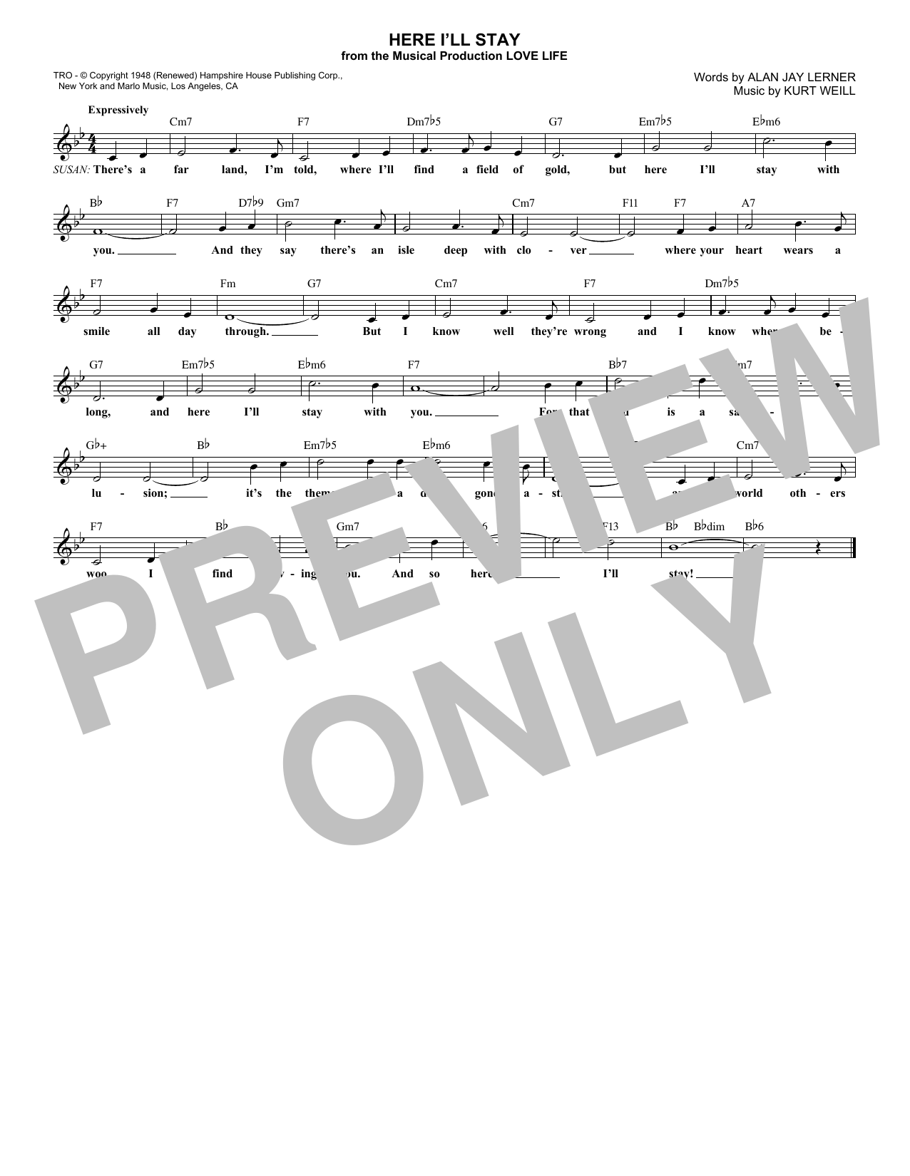 Alan Jay Lerner Here I'll Stay Sheet Music Notes & Chords for Melody Line, Lyrics & Chords - Download or Print PDF