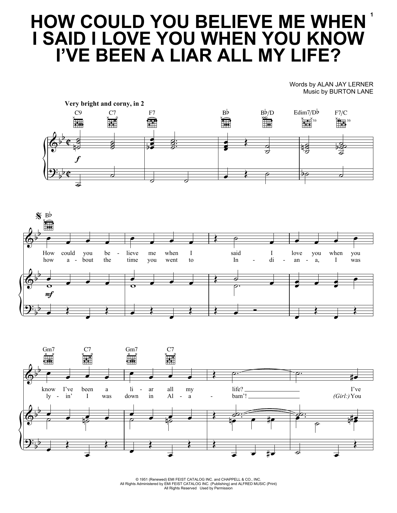 Alan Jay Lerner How Could You Believe Me When I Said I Love You When You Know I've Been A Liar All My Life? Sheet Music Notes & Chords for Piano, Vocal & Guitar (Right-Hand Melody) - Download or Print PDF