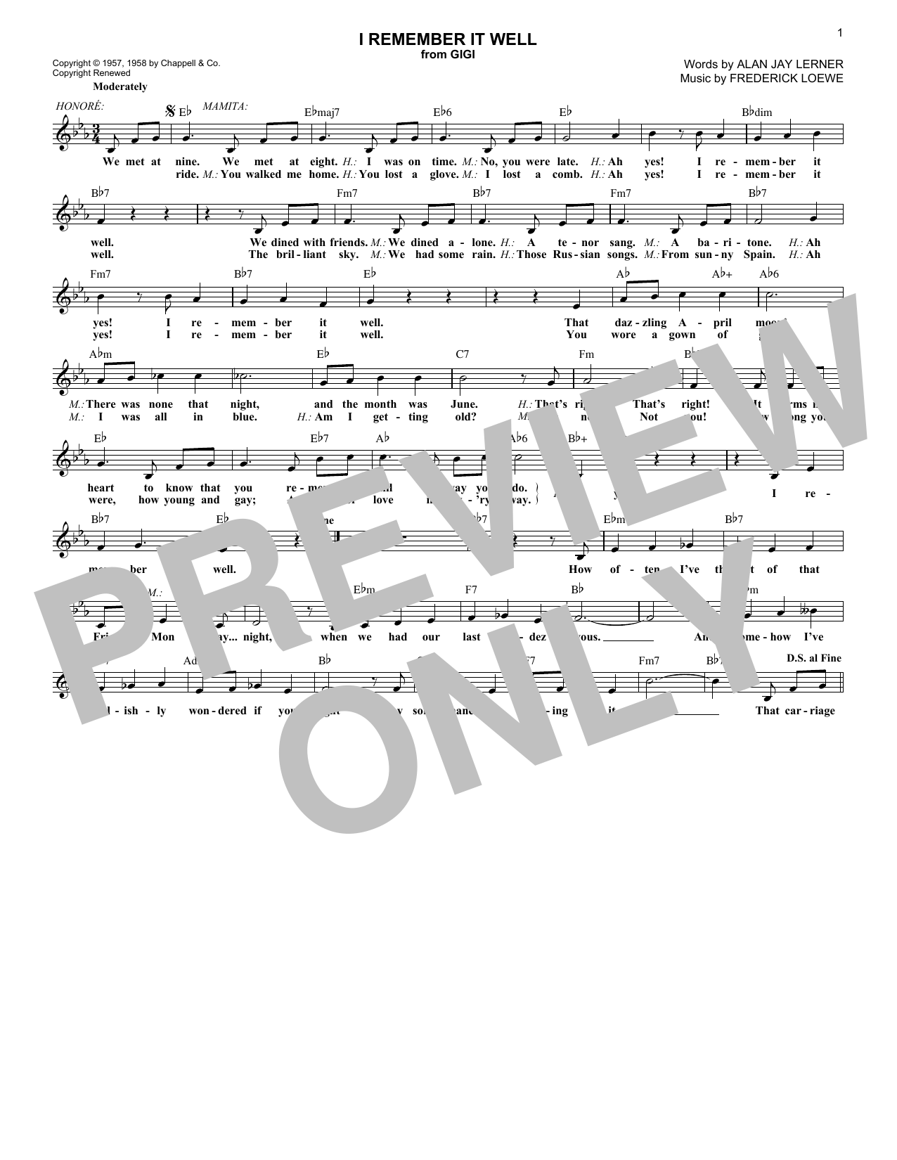 Alan Jay Lerner I Remember It Well Sheet Music Notes & Chords for Melody Line, Lyrics & Chords - Download or Print PDF