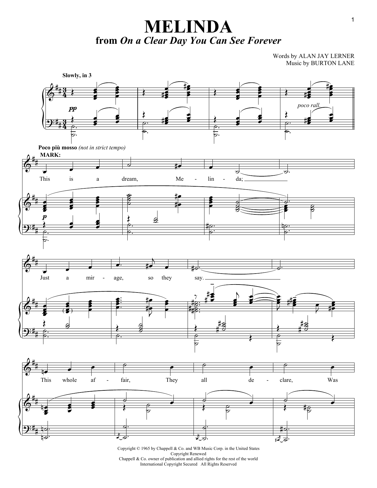 Alan Jay Lerner Melinda (from On a Clear Day You Can See Forever) Sheet Music Notes & Chords for Piano & Vocal - Download or Print PDF
