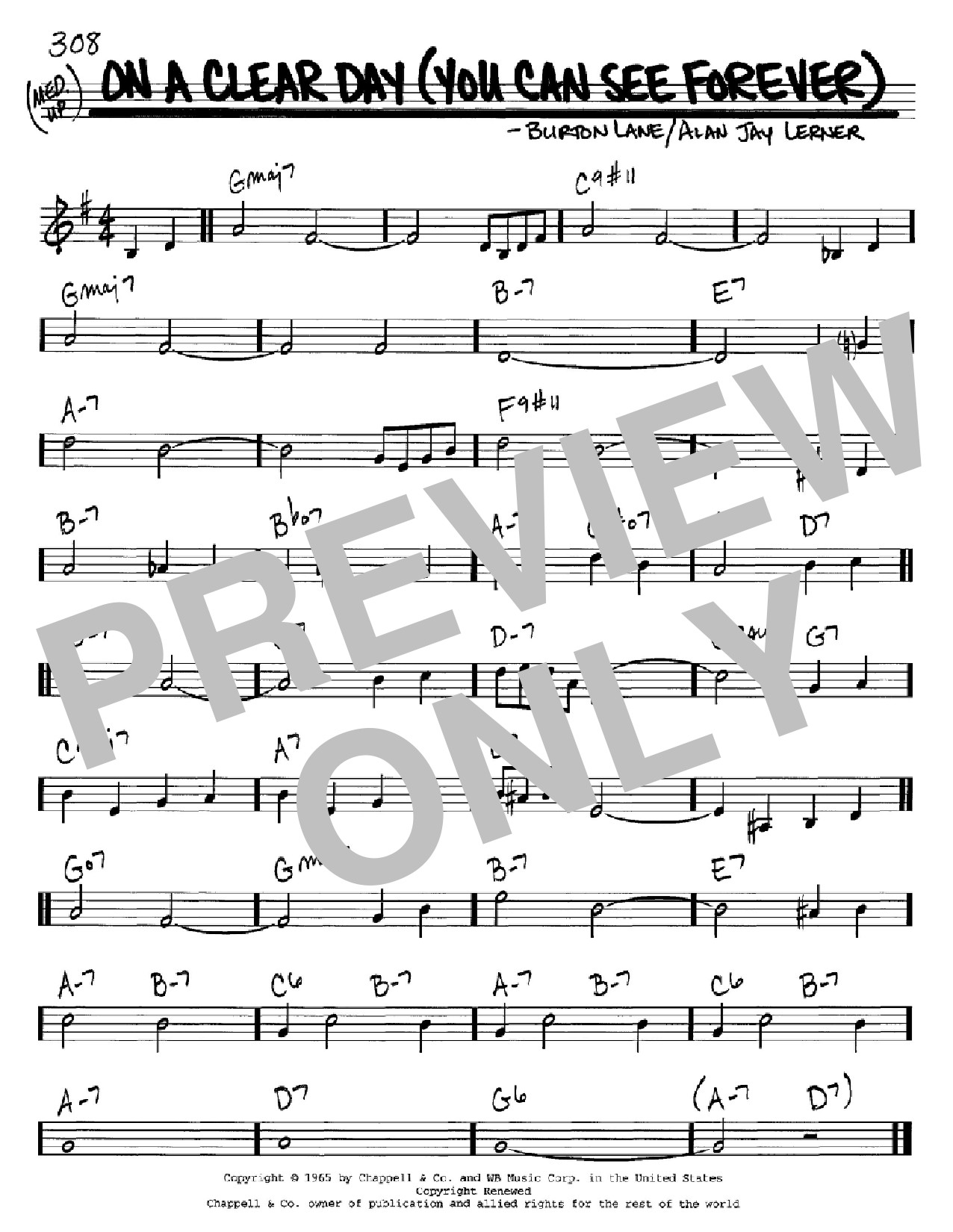 Alan Jay Lerner On A Clear Day (You Can See Forever) Sheet Music Notes & Chords for Real Book - Melody, Lyrics & Chords - C Instruments - Download or Print PDF