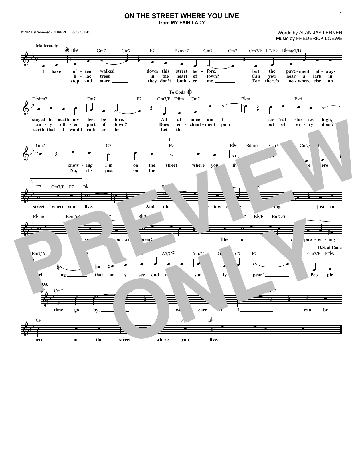 Alan Jay Lerner On The Street Where You Live Sheet Music Notes & Chords for Melody Line, Lyrics & Chords - Download or Print PDF