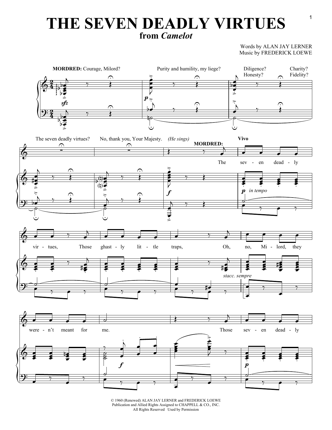 Alan Jay Lerner The Seven Deadly Virtues (from Camelot) Sheet Music Notes & Chords for Piano & Vocal - Download or Print PDF