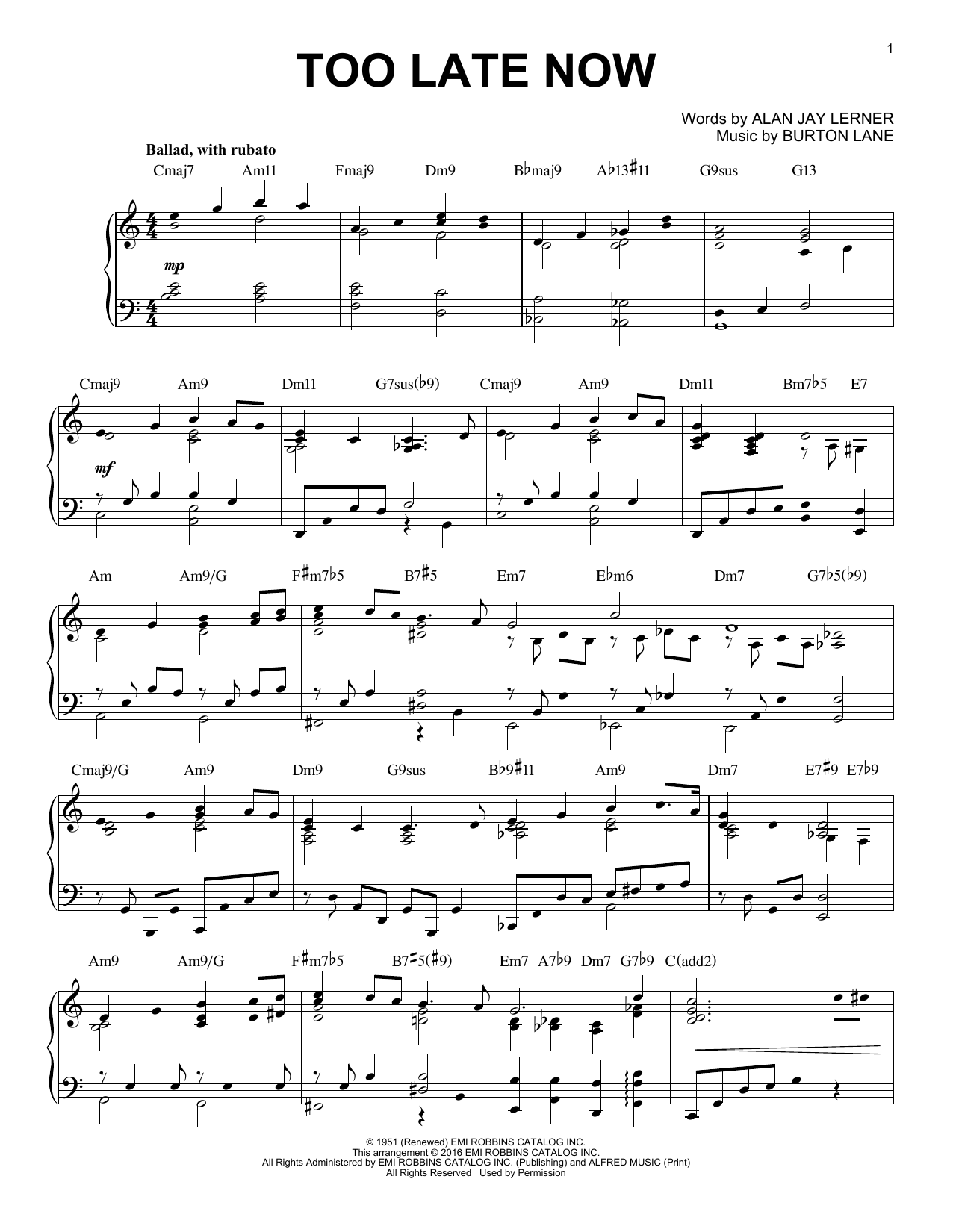 Alan Jay Lerner Too Late Now [Jazz version] (arr. Brent Edstrom) Sheet Music Notes & Chords for Piano - Download or Print PDF