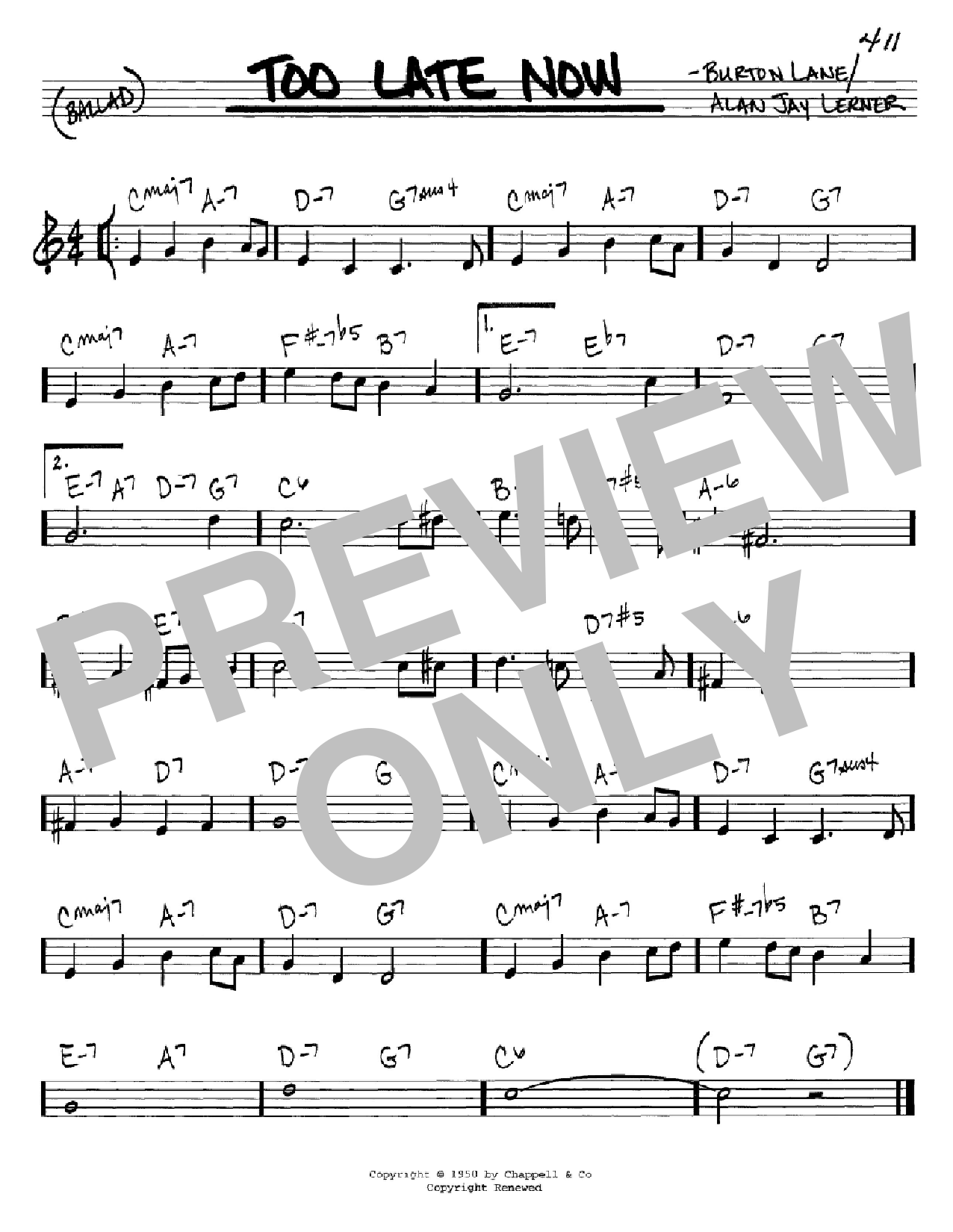 Alan Jay Lerner Too Late Now Sheet Music Notes & Chords for Real Book - Melody, Lyrics & Chords - C Instruments - Download or Print PDF