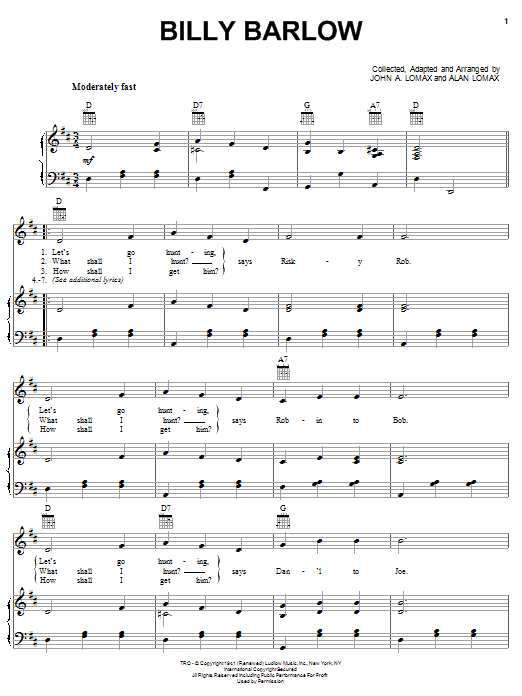 Alan Lomax Billy Barlow Sheet Music Notes & Chords for Piano, Vocal & Guitar (Right-Hand Melody) - Download or Print PDF