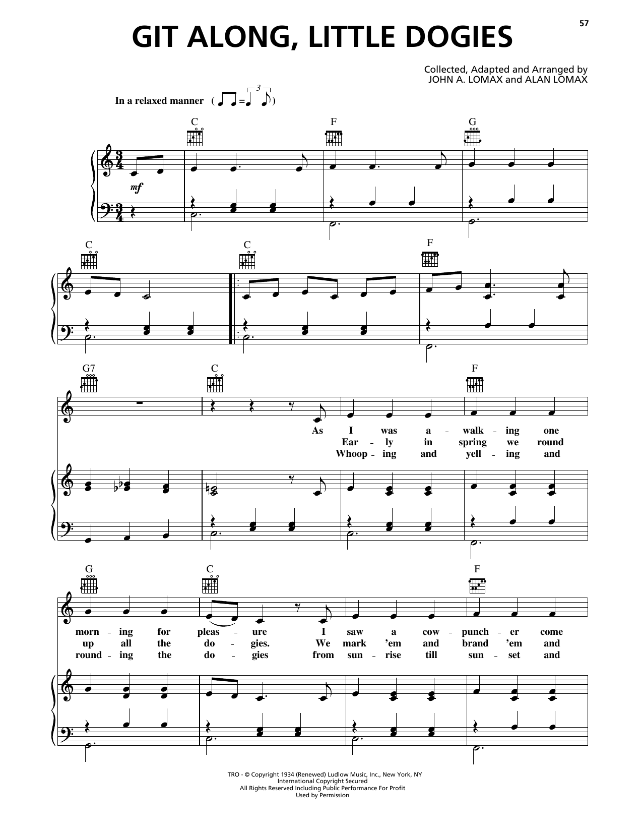 Alan Lomax Git Along, Little Dogies Sheet Music Notes & Chords for Piano, Vocal & Guitar Chords (Right-Hand Melody) - Download or Print PDF