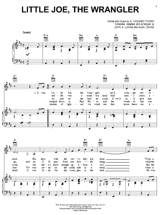 Alan Lomax Little Joe, The Wrangler Sheet Music Notes & Chords for Piano, Vocal & Guitar (Right-Hand Melody) - Download or Print PDF