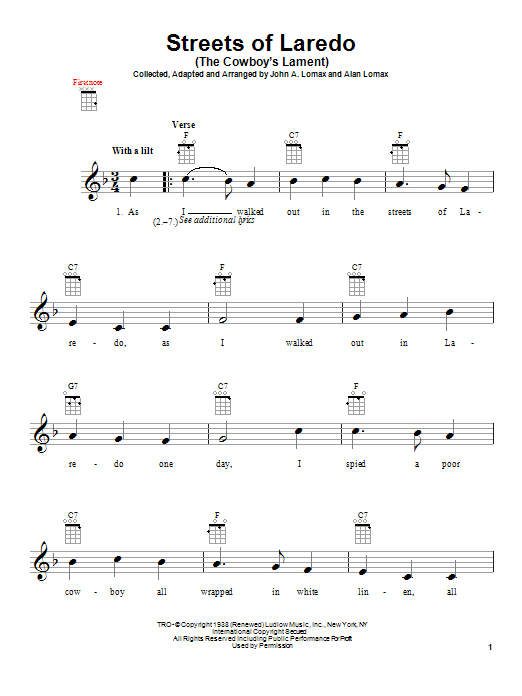 Alan Lomax Streets Of Laredo (The Cowboy's Lament) Sheet Music Notes & Chords for Ukulele - Download or Print PDF