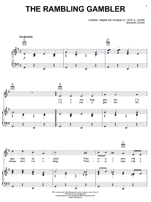 Alan Lomax The Rambling Gambler Sheet Music Notes & Chords for Piano, Vocal & Guitar (Right-Hand Melody) - Download or Print PDF