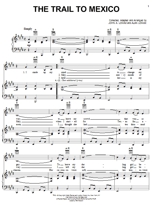 Alan Lomax The Trail To Mexico Sheet Music Notes & Chords for Piano, Vocal & Guitar (Right-Hand Melody) - Download or Print PDF