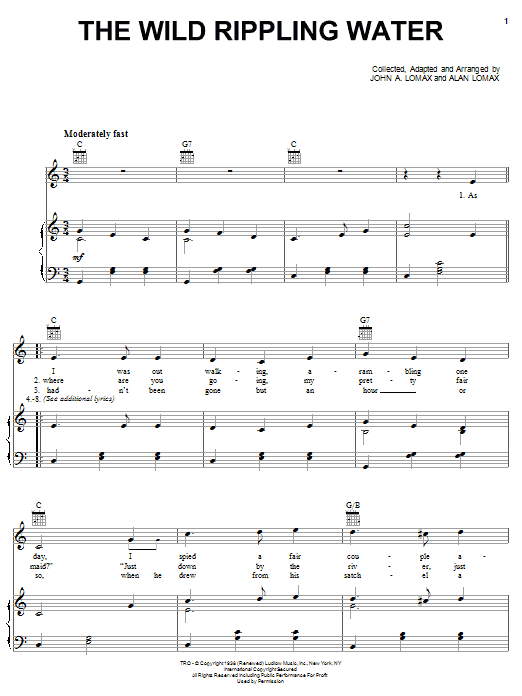 Alan Lomax The Wild Rippling Water Sheet Music Notes & Chords for Piano, Vocal & Guitar (Right-Hand Melody) - Download or Print PDF