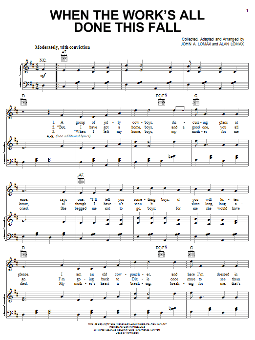 Alan Lomax When The Work's All Done This Fall Sheet Music Notes & Chords for Piano, Vocal & Guitar (Right-Hand Melody) - Download or Print PDF