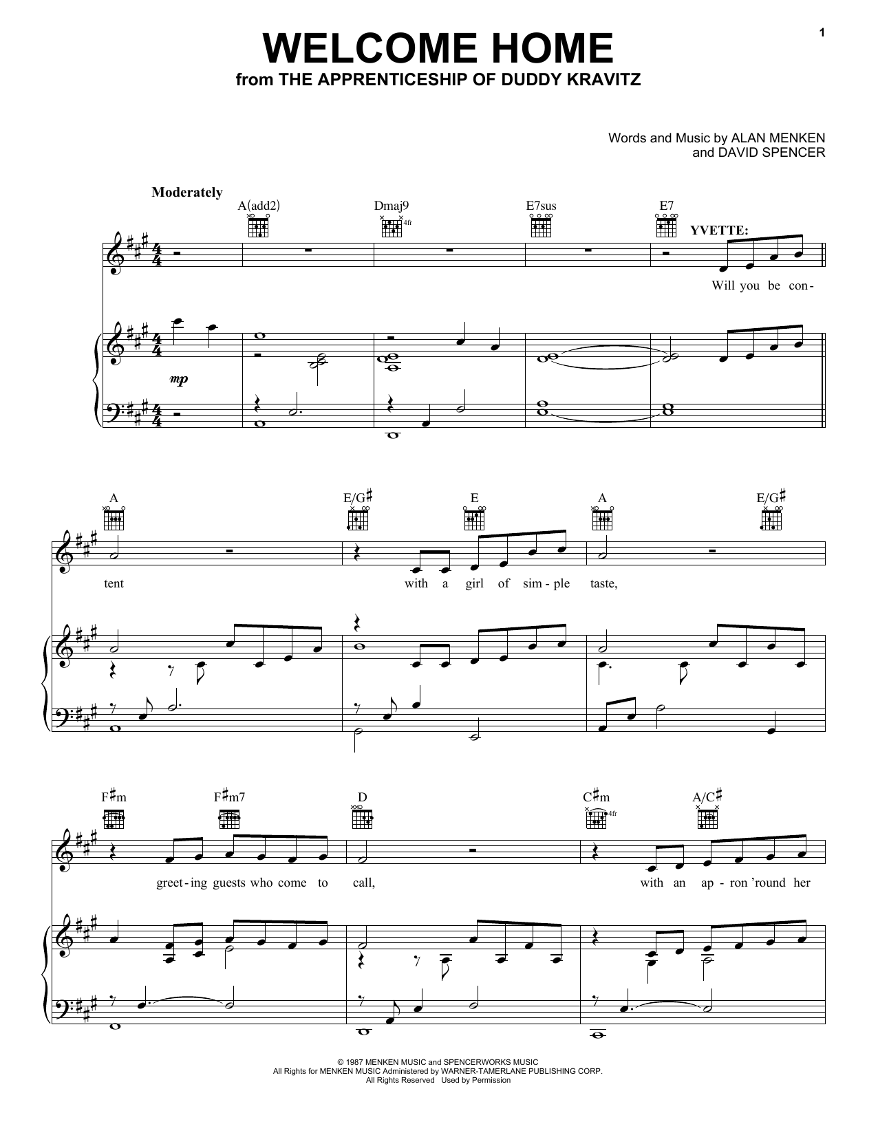 Alan Menken & David Spencer Welcome Home (from The Apprenticeship of Duddy Kravitz) Sheet Music Notes & Chords for Piano, Vocal & Guitar Chords (Right-Hand Melody) - Download or Print PDF