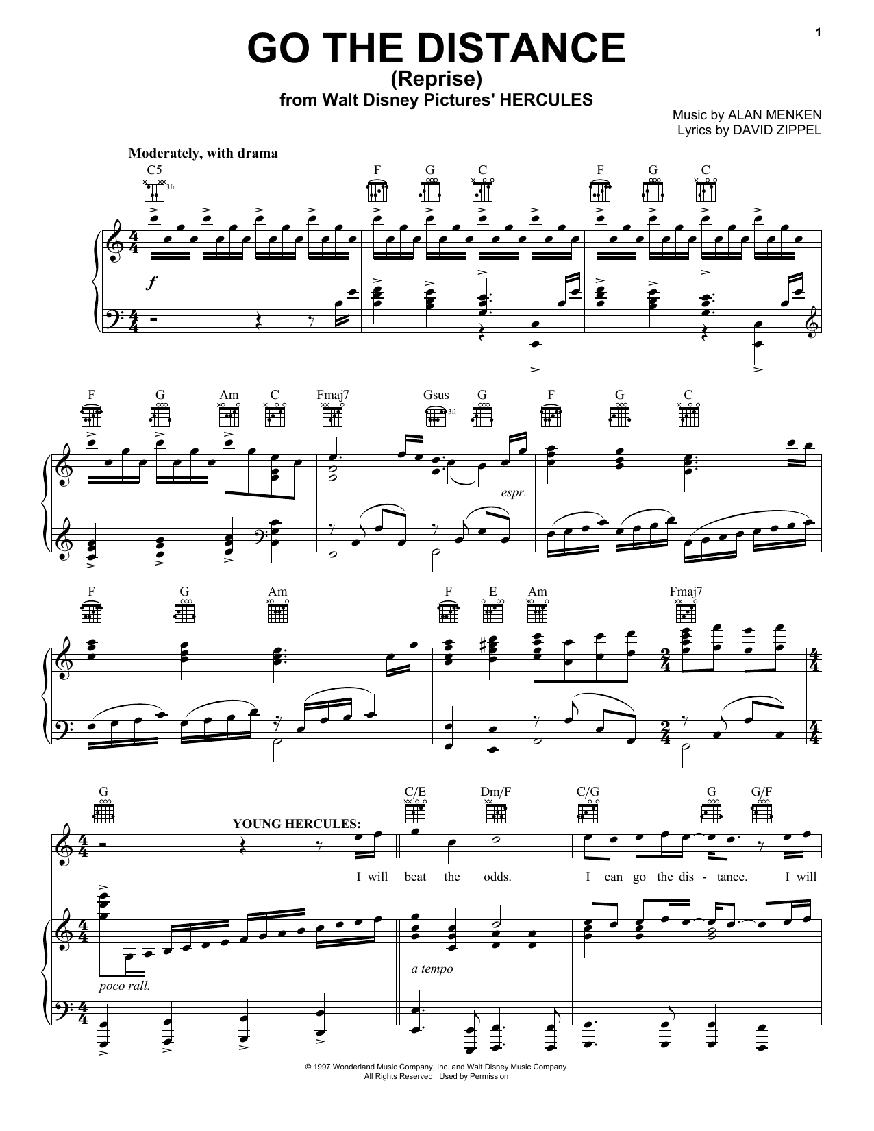 Alan Menken & David Zippel Go The Distance (Reprise) (from Hercules) Sheet Music Notes & Chords for Piano, Vocal & Guitar Chords (Right-Hand Melody) - Download or Print PDF