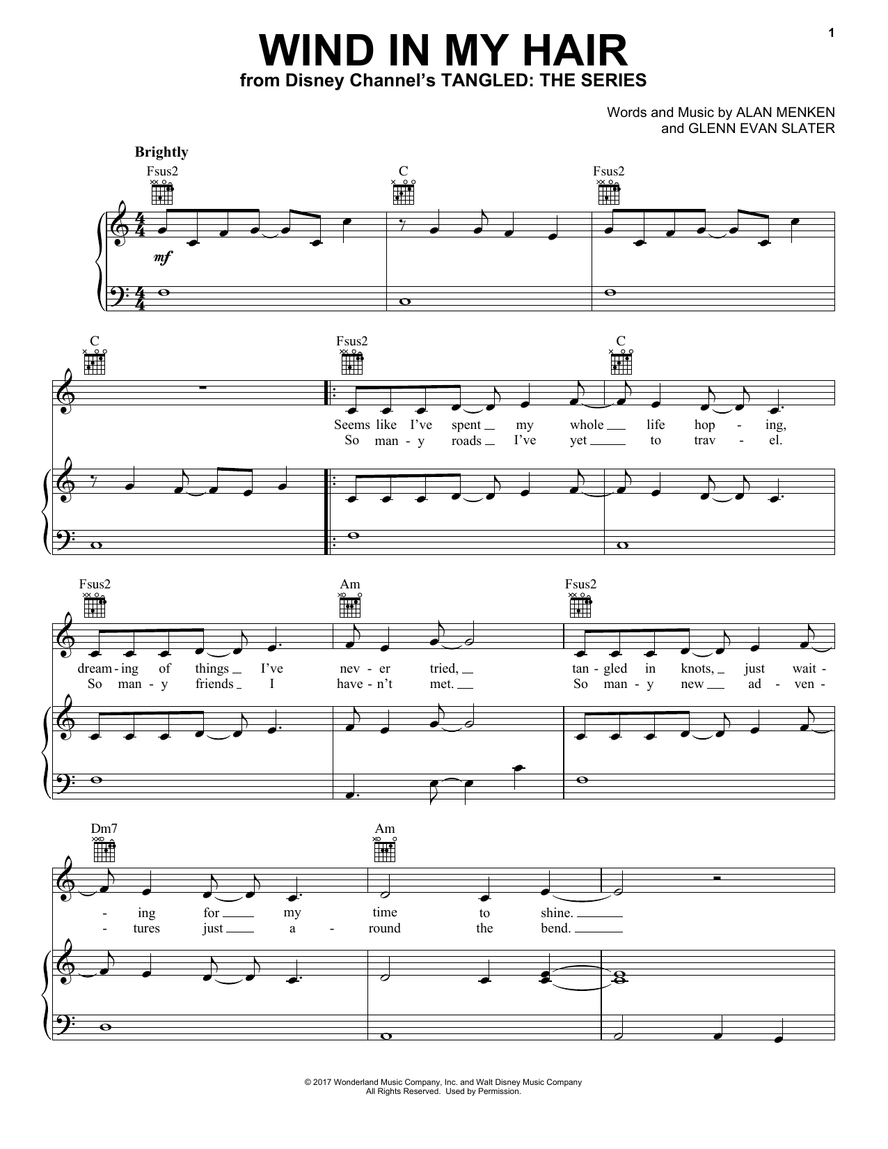 Alan Menken & Glenn Evan Slater Wind In My Hair (from Tangled: The Series) Sheet Music Notes & Chords for Piano, Vocal & Guitar (Right-Hand Melody) - Download or Print PDF