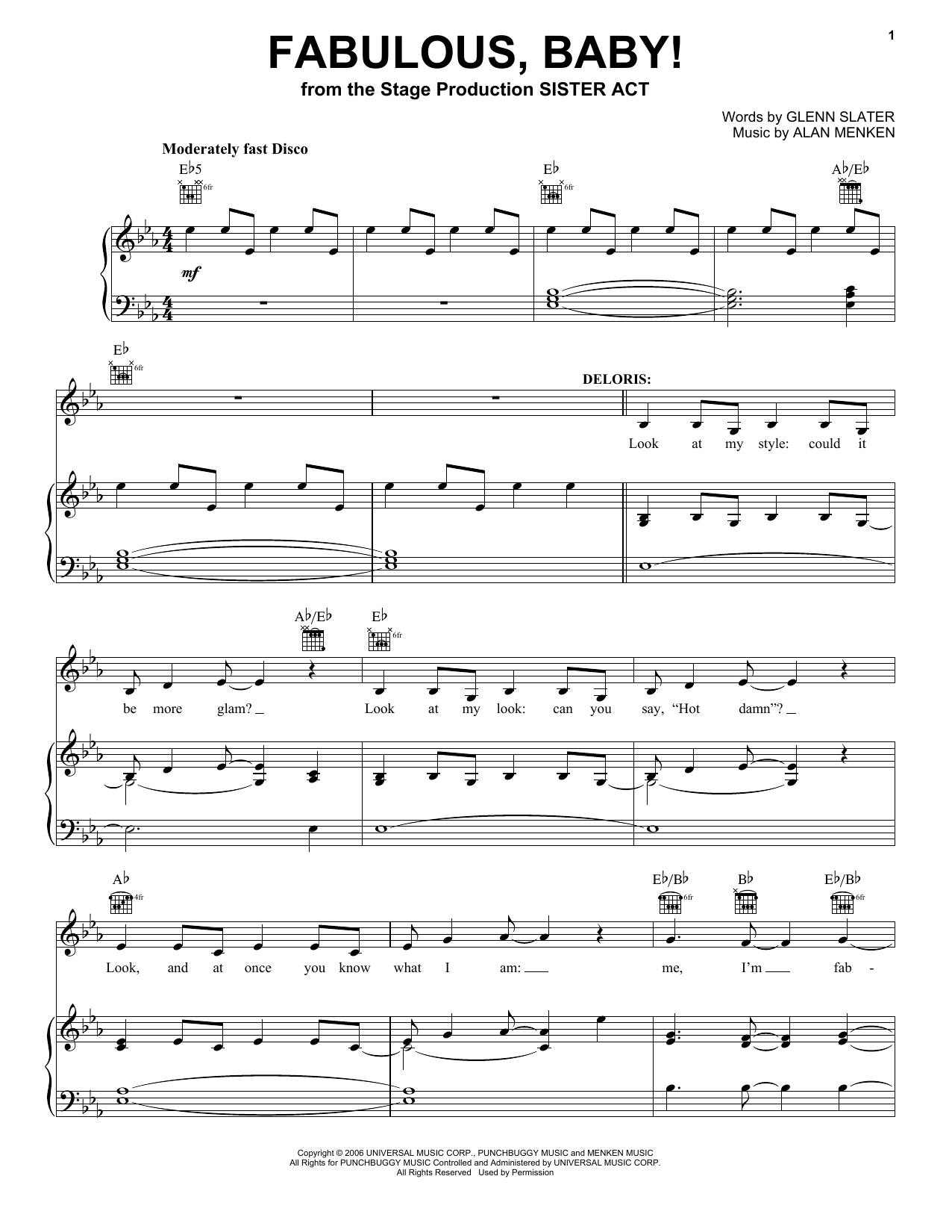 Alan Menken & Glenn Slater Fabulous, Baby! (from the musical Sister Act) Sheet Music Notes & Chords for Piano, Vocal & Guitar Chords (Right-Hand Melody) - Download or Print PDF
