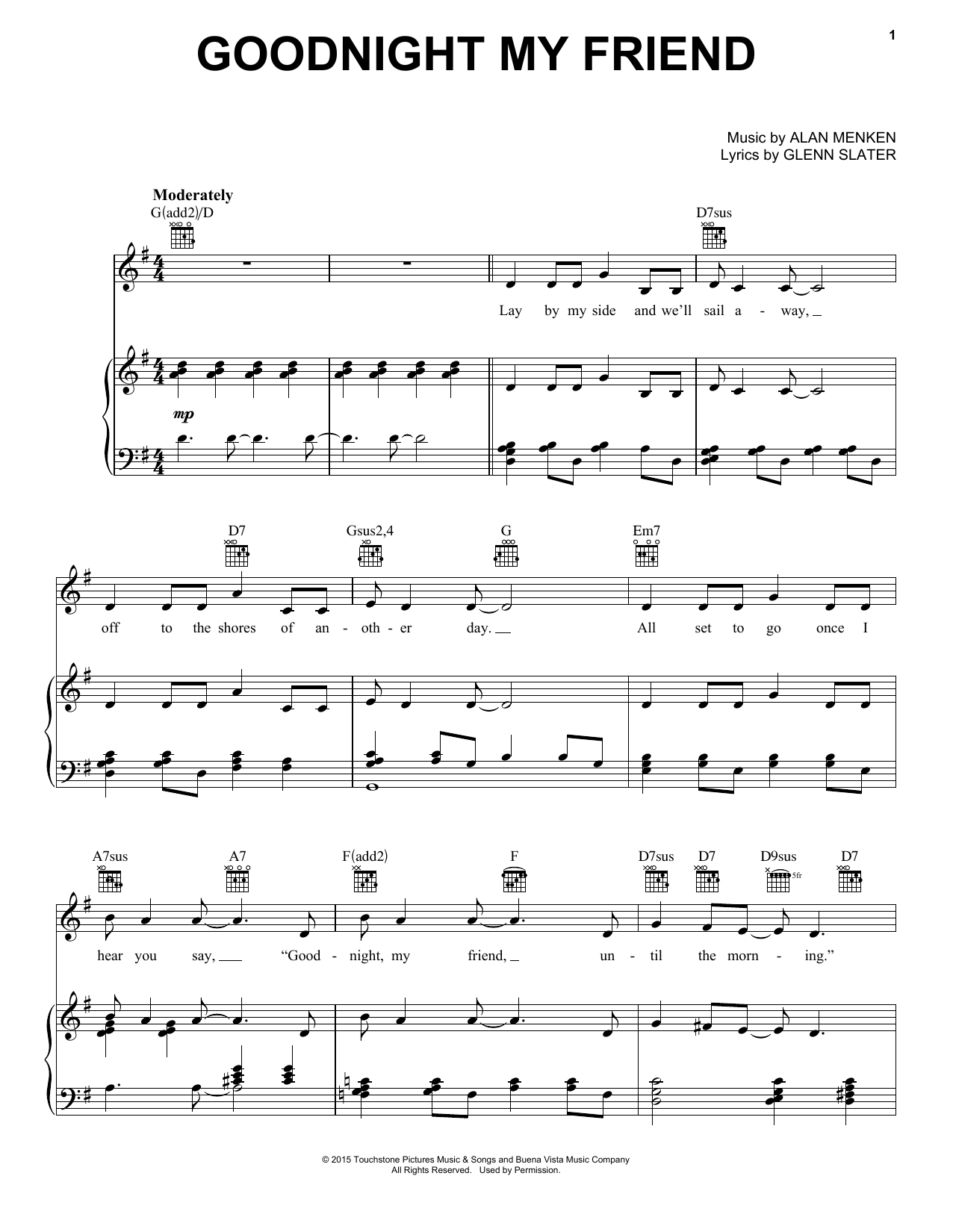 Alan Menken & Glenn Slater Goodnight My Friend (from Galavant) Sheet Music Notes & Chords for Piano, Vocal & Guitar Chords (Right-Hand Melody) - Download or Print PDF