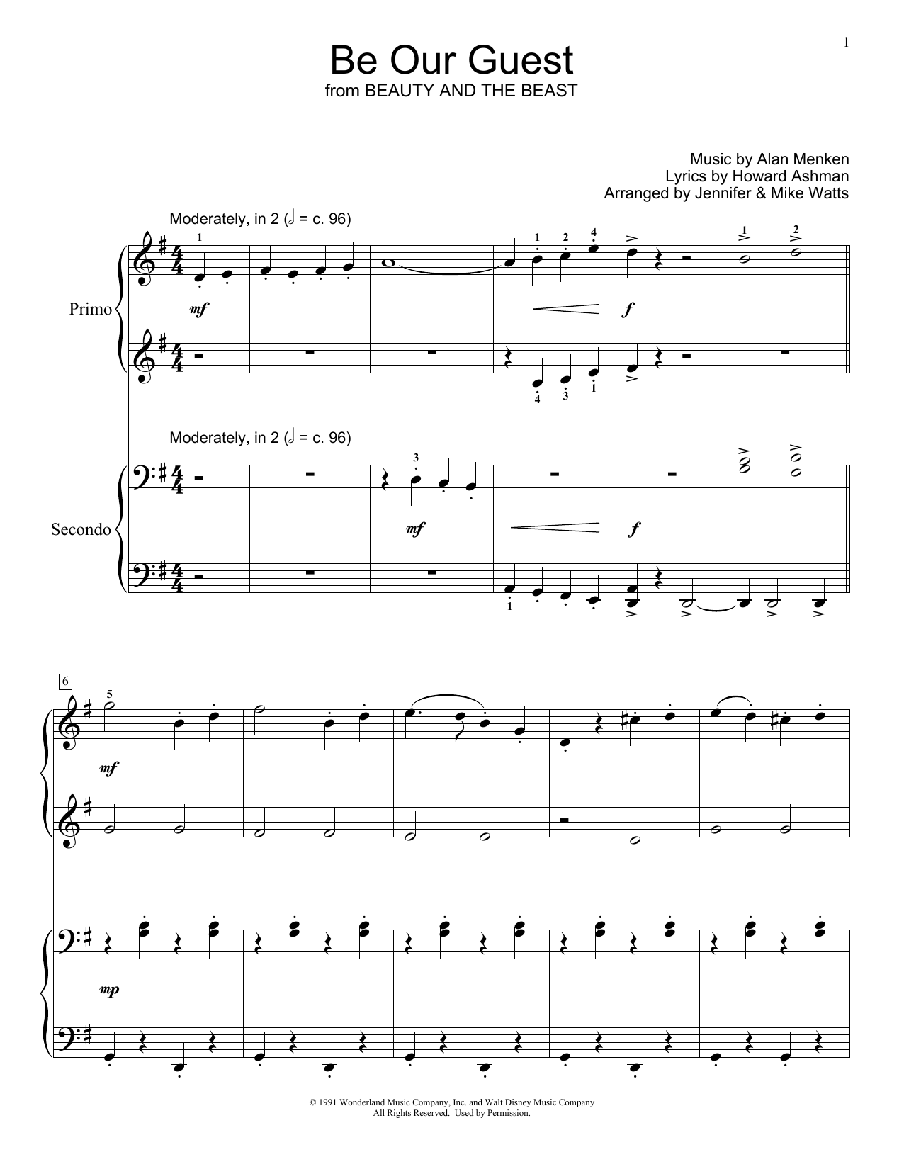 Alan Menken & Howard Ashman Be Our Guest (from Beauty and The Beast) (arr. Jennifer & Mike Watts) Sheet Music Notes & Chords for Piano Duet - Download or Print PDF