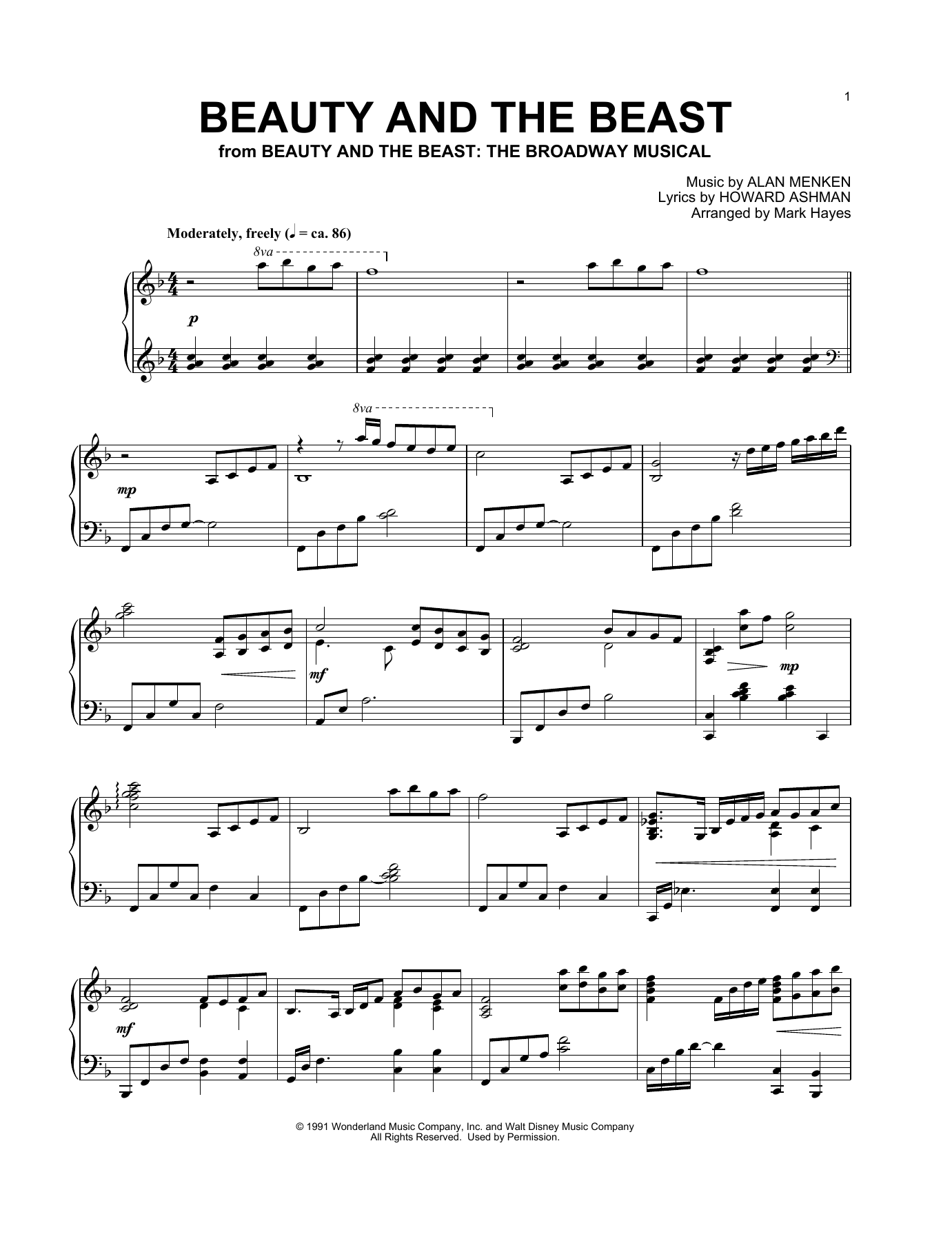 Alan Menken Beauty And The Beast (arr. Mark Hayes) Sheet Music Notes & Chords for Piano Solo - Download or Print PDF