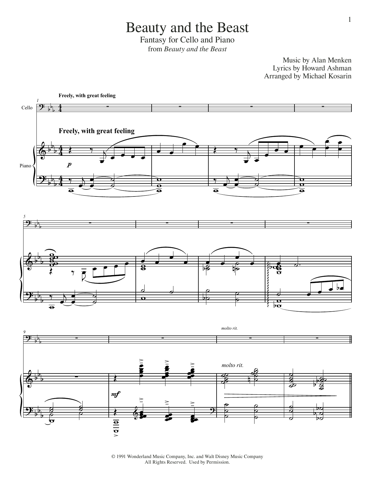 Alan Menken Beauty And The Beast (arr. Michael Kosarin) Sheet Music Notes & Chords for Cello and Piano - Download or Print PDF
