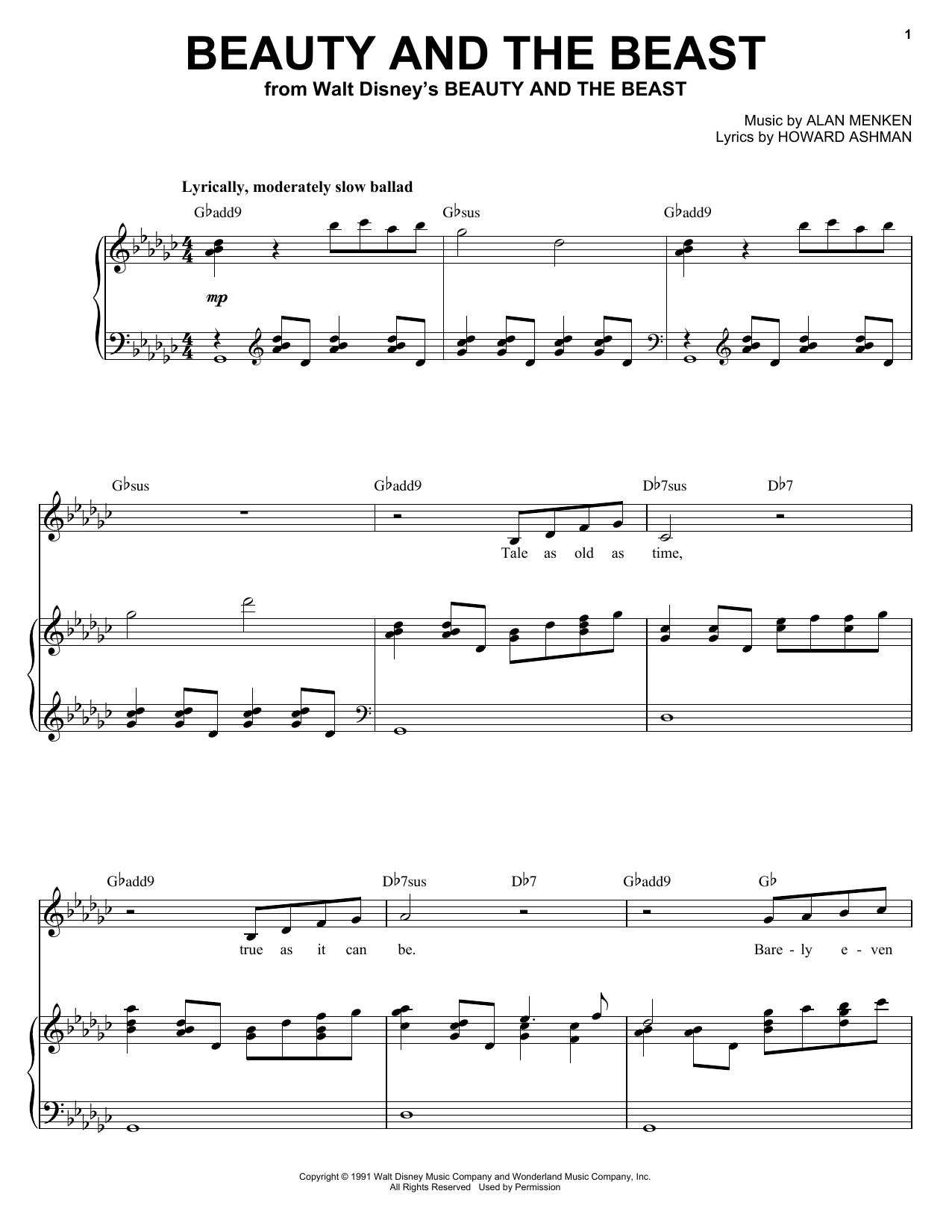 Alan Menken Beauty And The Beast Sheet Music Notes & Chords for Piano, Vocal & Guitar (Right-Hand Melody) - Download or Print PDF