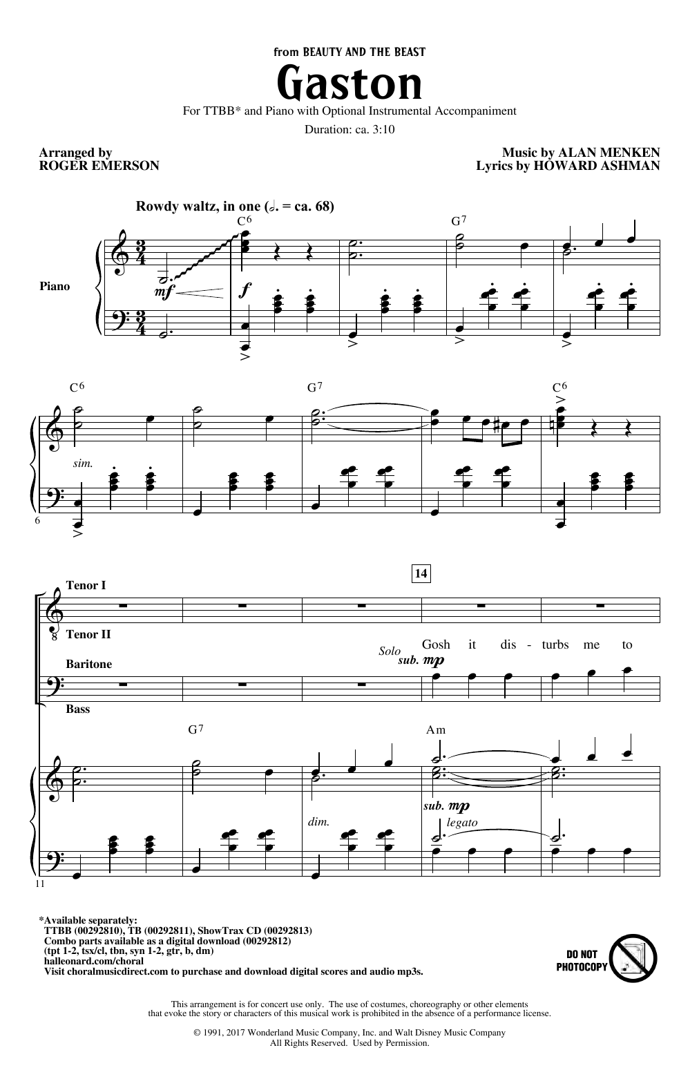 Alan Menken Gaston (from Beauty and The Beast) (arr. Roger Emerson) Sheet Music Notes & Chords for TB Choir - Download or Print PDF