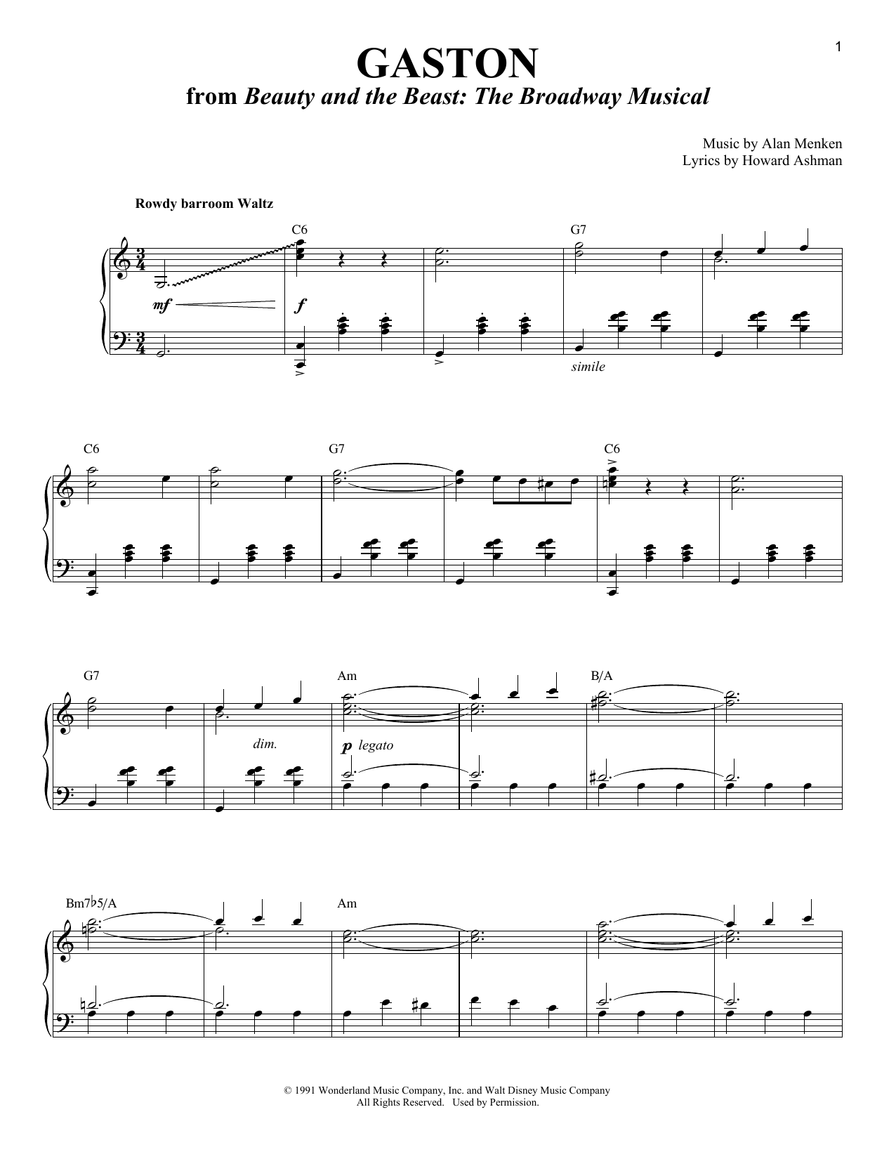 Alan Menken Gaston (from Beauty And The Beast) Sheet Music Notes & Chords for Melody Line, Lyrics & Chords - Download or Print PDF