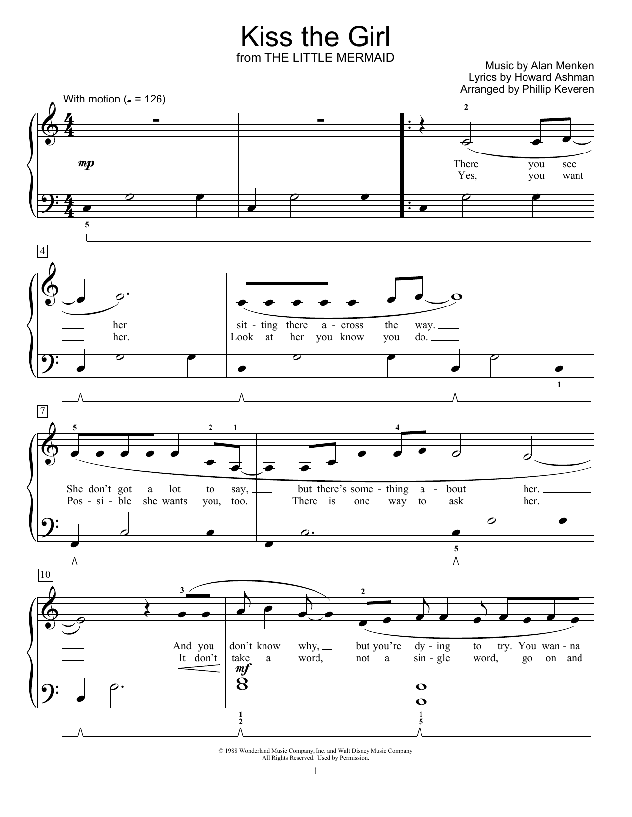 Alan Menken Kiss The Girl (from The Little Mermaid) (arr. Phillip Keveren) Sheet Music Notes & Chords for Educational Piano - Download or Print PDF