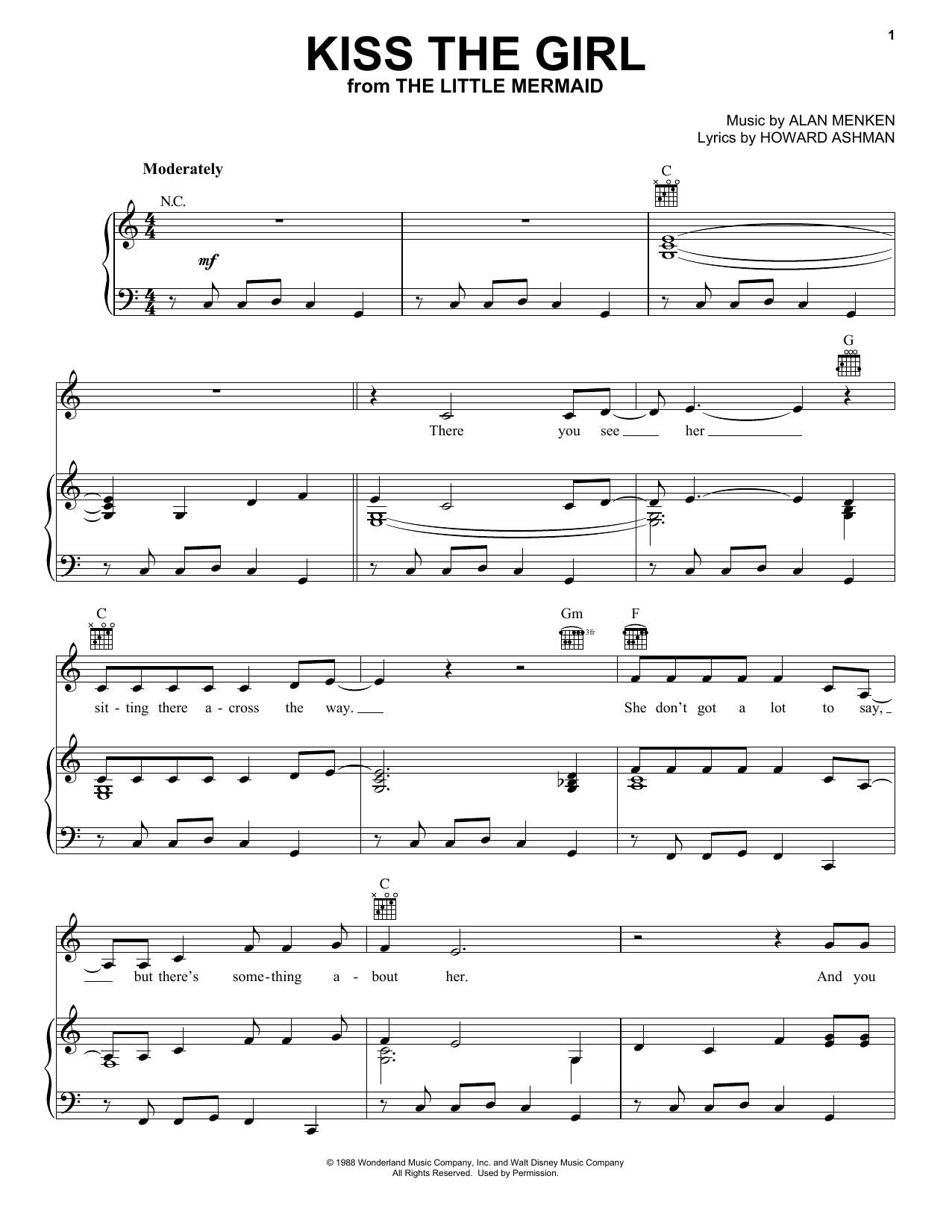 Alan Menken Kiss The Girl (from The Little Mermaid) Sheet Music Notes & Chords for Guitar Chords/Lyrics - Download or Print PDF