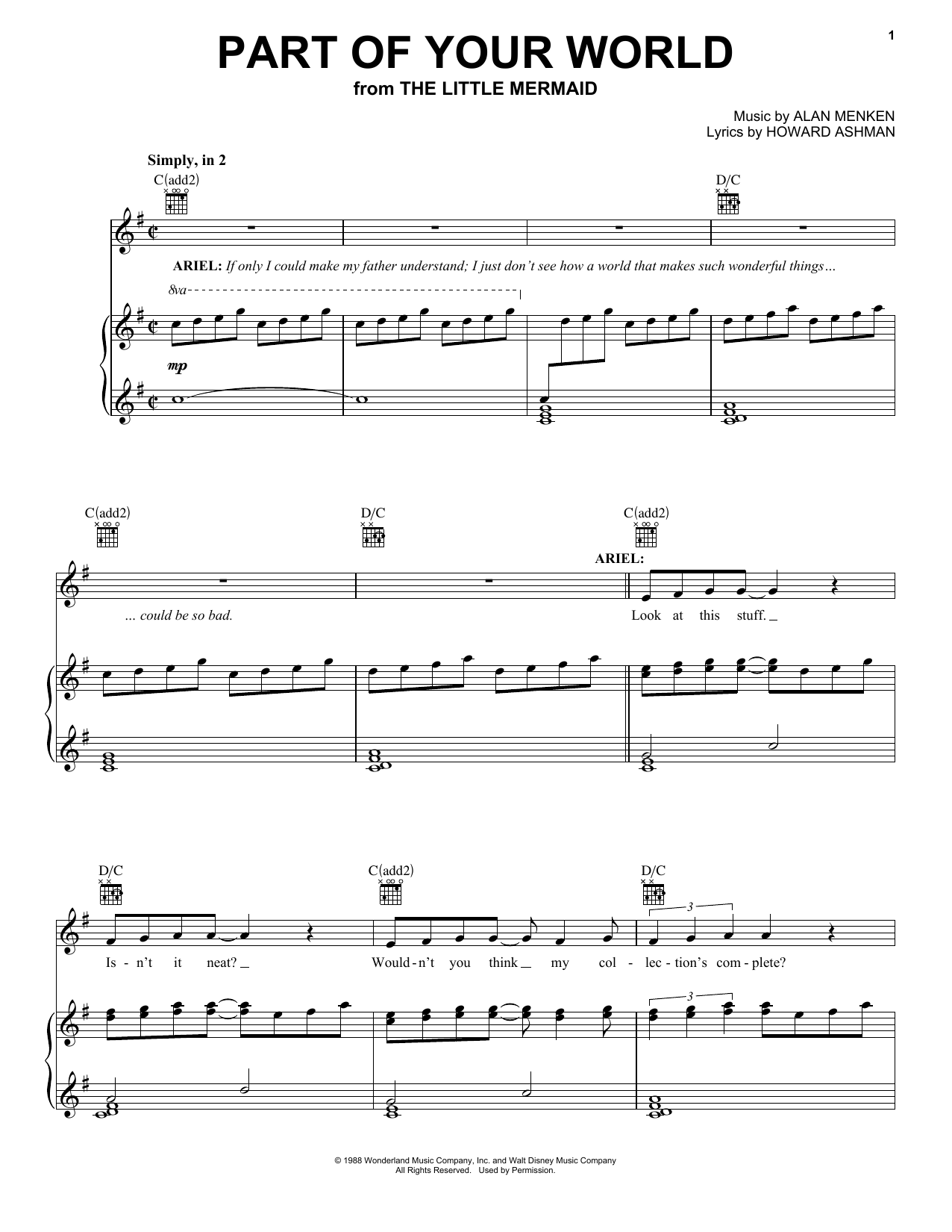 Alan Menken Part Of Your World (from The Little Mermaid: A Broadway Musical) Sheet Music Notes & Chords for Piano, Vocal & Guitar (Right-Hand Melody) - Download or Print PDF