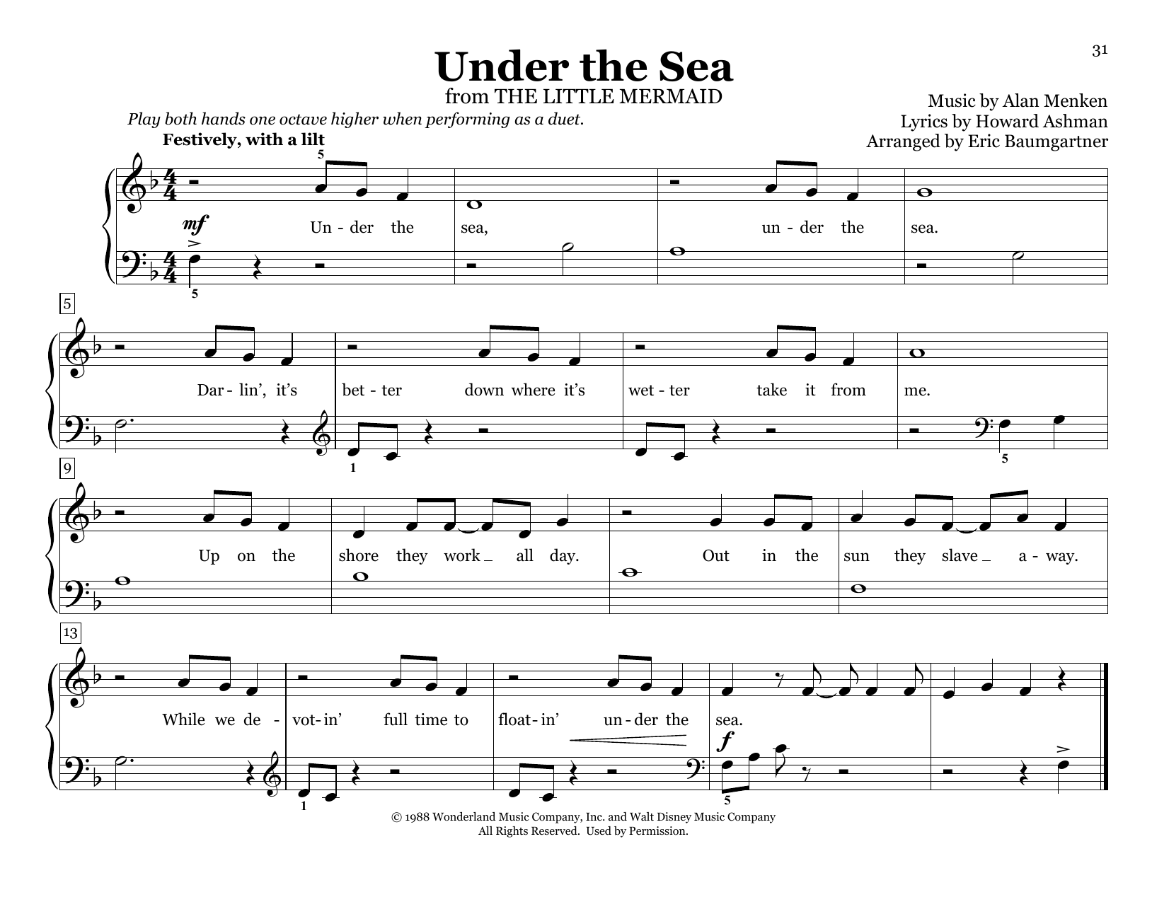 Alan Menken & Howard Ashman Under The Sea (from The Little Mermaid) (arr. Eric Baumgartner) Sheet Music Notes & Chords for Piano Duet - Download or Print PDF