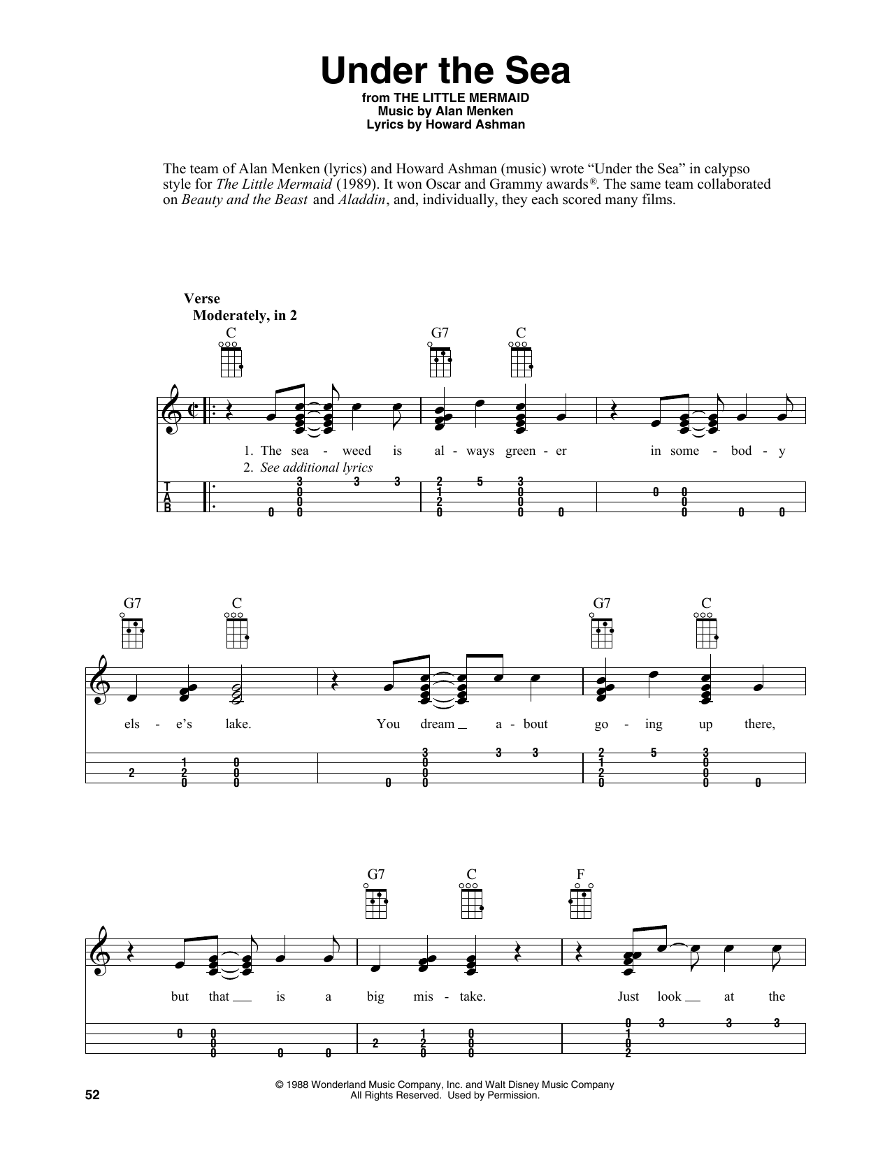 Alan Menken & Howard Ashman Under The Sea (from The Little Mermaid) (arr. Fred Sokolow) Sheet Music Notes & Chords for Easy Ukulele Tab - Download or Print PDF