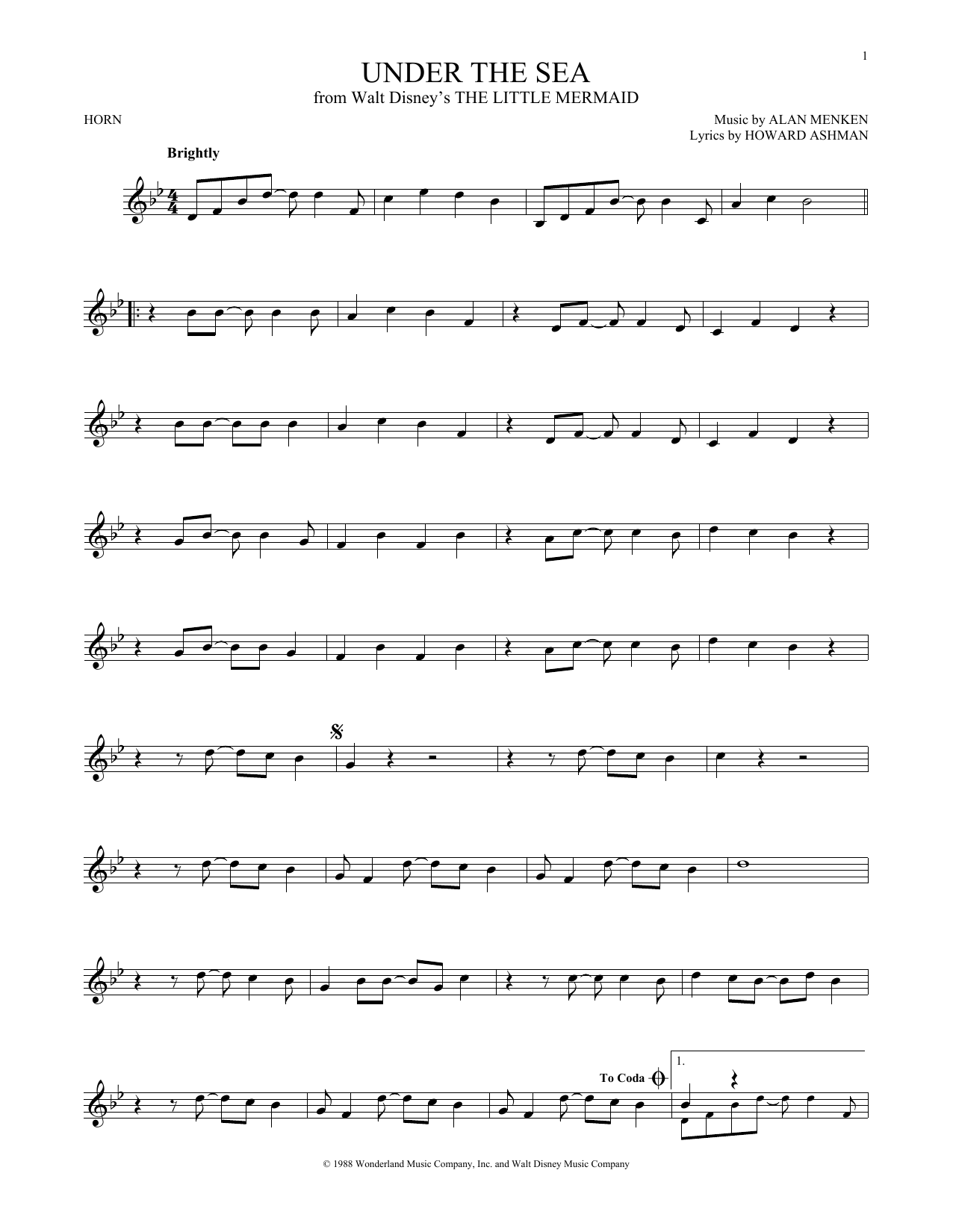 Alan Menken & Howard Ashman Under The Sea Sheet Music Notes & Chords for French Horn - Download or Print PDF
