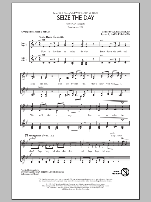 Alan Menken Seize The Day (from Newsies The Musical) (arr. Kirby Shaw) Sheet Music Notes & Chords for SATB - Download or Print PDF