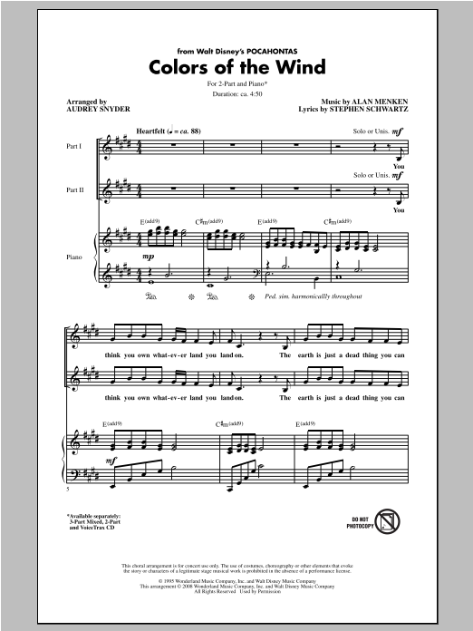 Alan Menken Colors Of The Wind (arr. Audrey Snyder) Sheet Music Notes & Chords for 2-Part Choir - Download or Print PDF