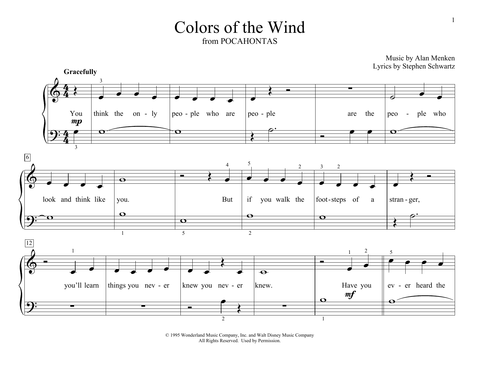 Alan Menken Colors Of The Wind (from Pocahontas) (arr. Christopher Hussey) Sheet Music Notes & Chords for Educational Piano - Download or Print PDF