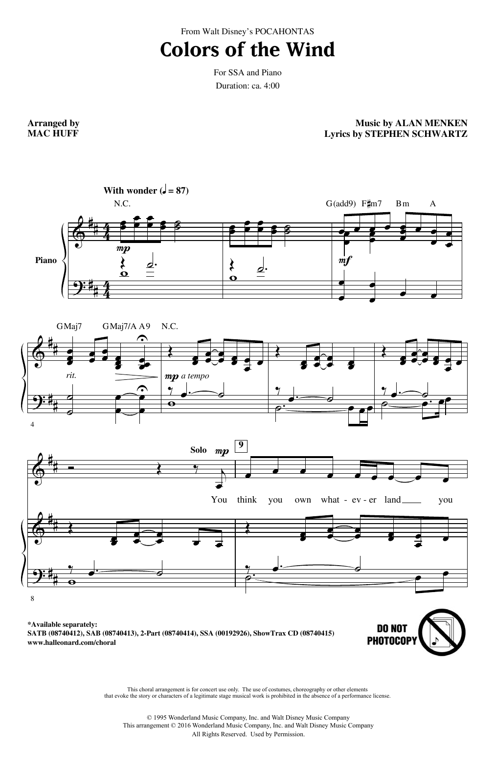 Alan Menken Colors Of The Wind (arr. Mac Huff) Sheet Music Notes & Chords for SSA - Download or Print PDF