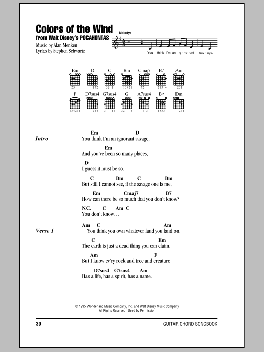 Vanessa Williams Colors Of The Wind Sheet Music Notes & Chords for Guitar Tab - Download or Print PDF