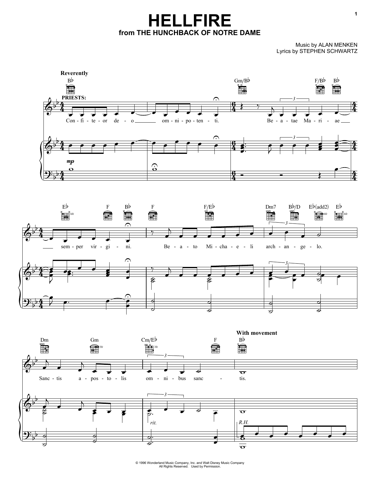 Alan Menken Hellfire (from The Hunchback Of Notre Dame) Sheet Music Notes & Chords for Piano, Vocal & Guitar (Right-Hand Melody) - Download or Print PDF