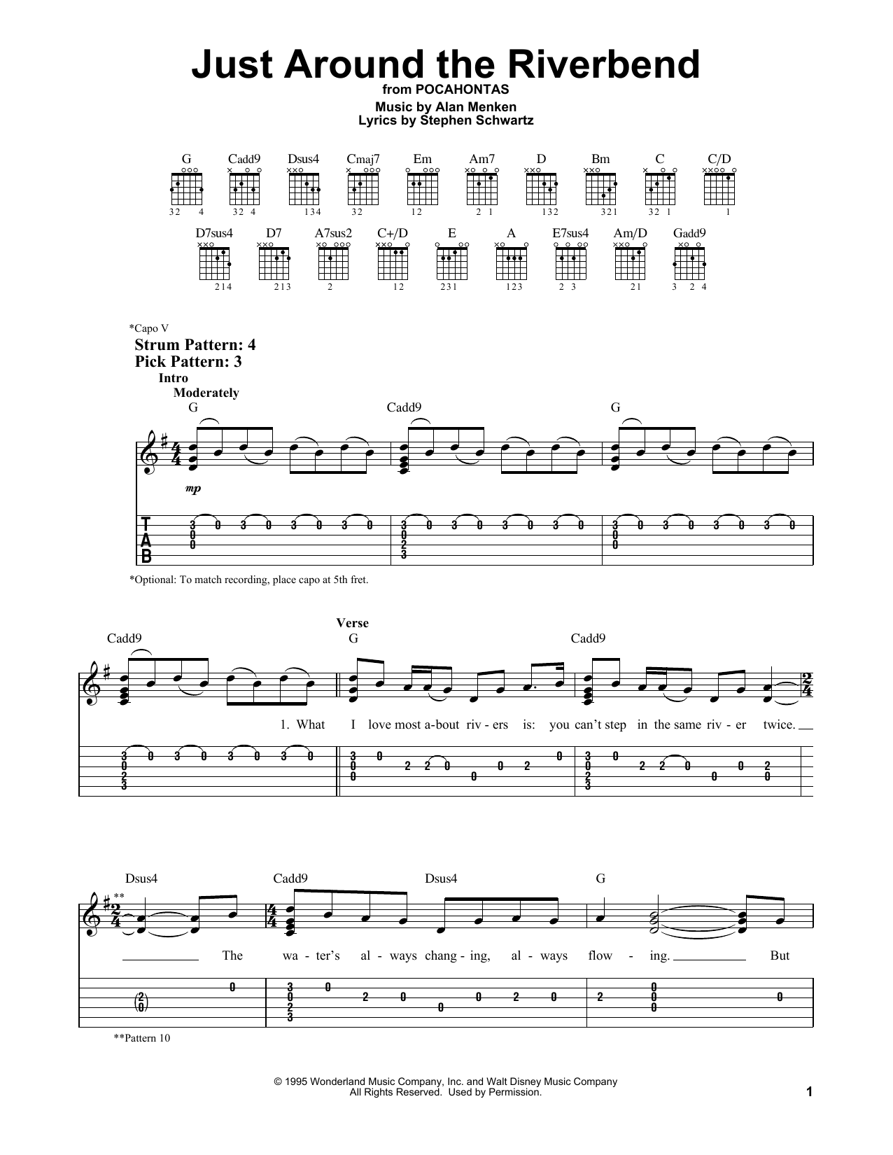 Alan Menken & Stephen Schwartz Just Around The Riverbend (from Pocahontas) Sheet Music Notes & Chords for Easy Guitar Tab - Download or Print PDF