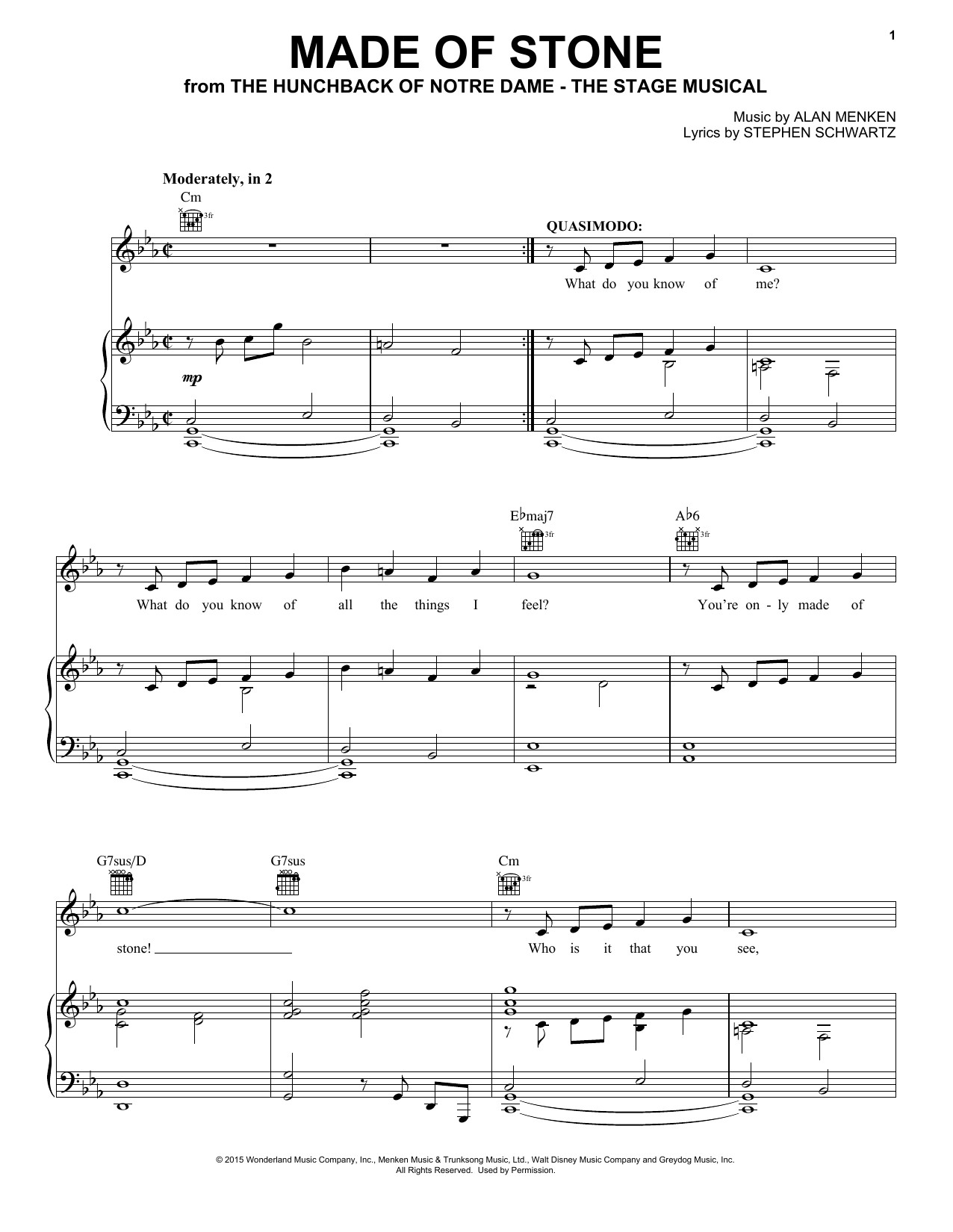 Alan Menken & Stephen Schwartz Made Of Stone (from the musical The Hunchback of Notre Dame) Sheet Music Notes & Chords for Piano, Vocal & Guitar Chords (Right-Hand Melody) - Download or Print PDF
