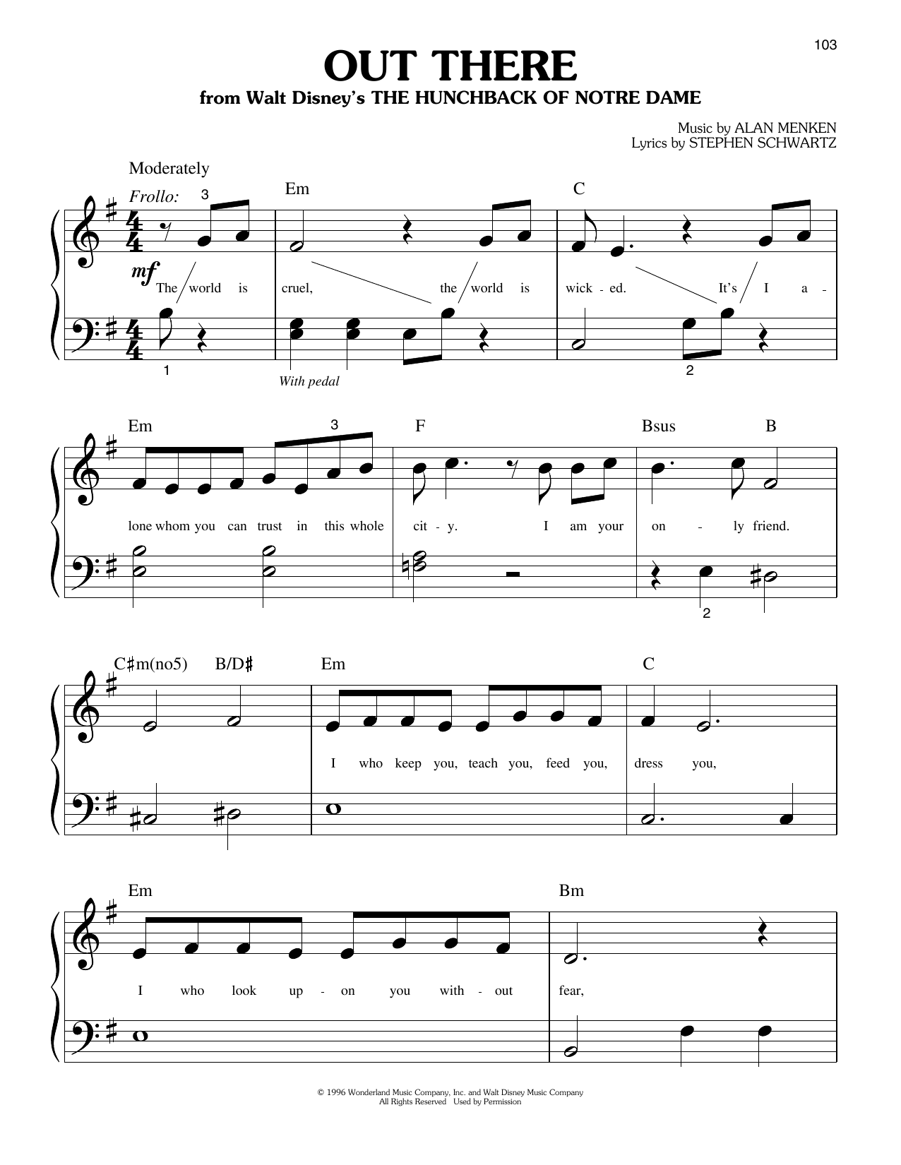 Alan Menken & Stephen Schwartz Out There (from The Hunchback Of Notre Dame) Sheet Music Notes & Chords for Easy Piano - Download or Print PDF