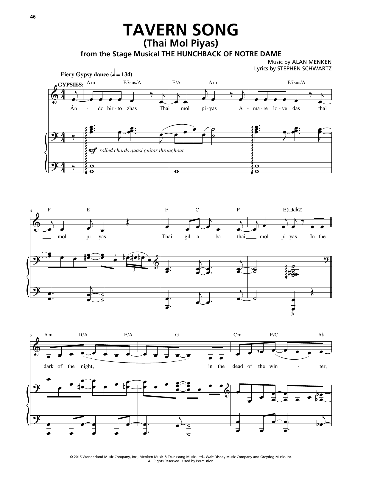 Alan Menken Tavern Song (Thai Mol Piyas) Sheet Music Notes & Chords for Piano & Vocal - Download or Print PDF